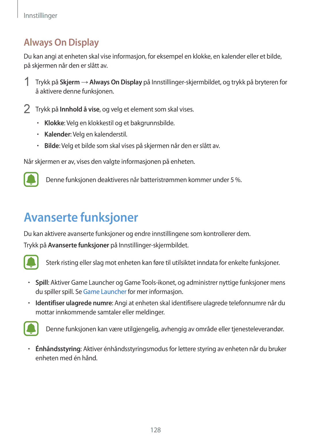 Samsung SM-G930FZKANEE, SM-G930FEDANEE, SM-G930FZWANEE, SM-G930FZSANEE manual Avanserte funksjoner, Always On Display 