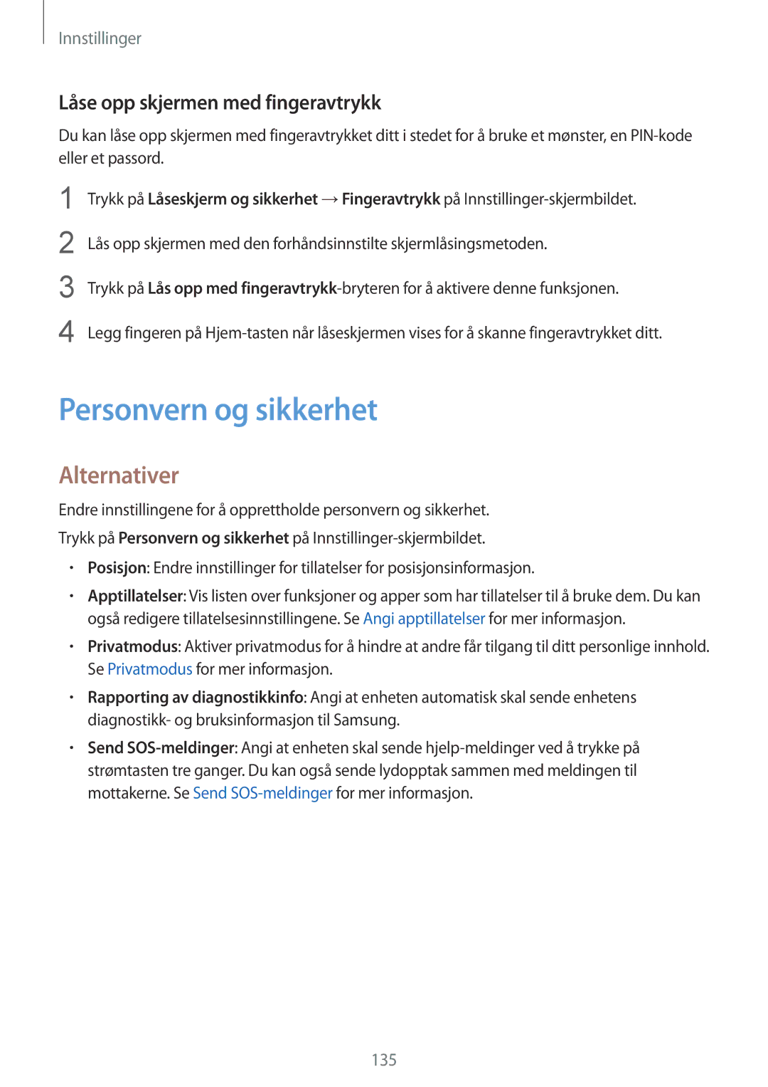 Samsung SM-G930FEDANEE, SM-G930FZWANEE, SM-G930FZSANEE manual Personvern og sikkerhet, Låse opp skjermen med fingeravtrykk 