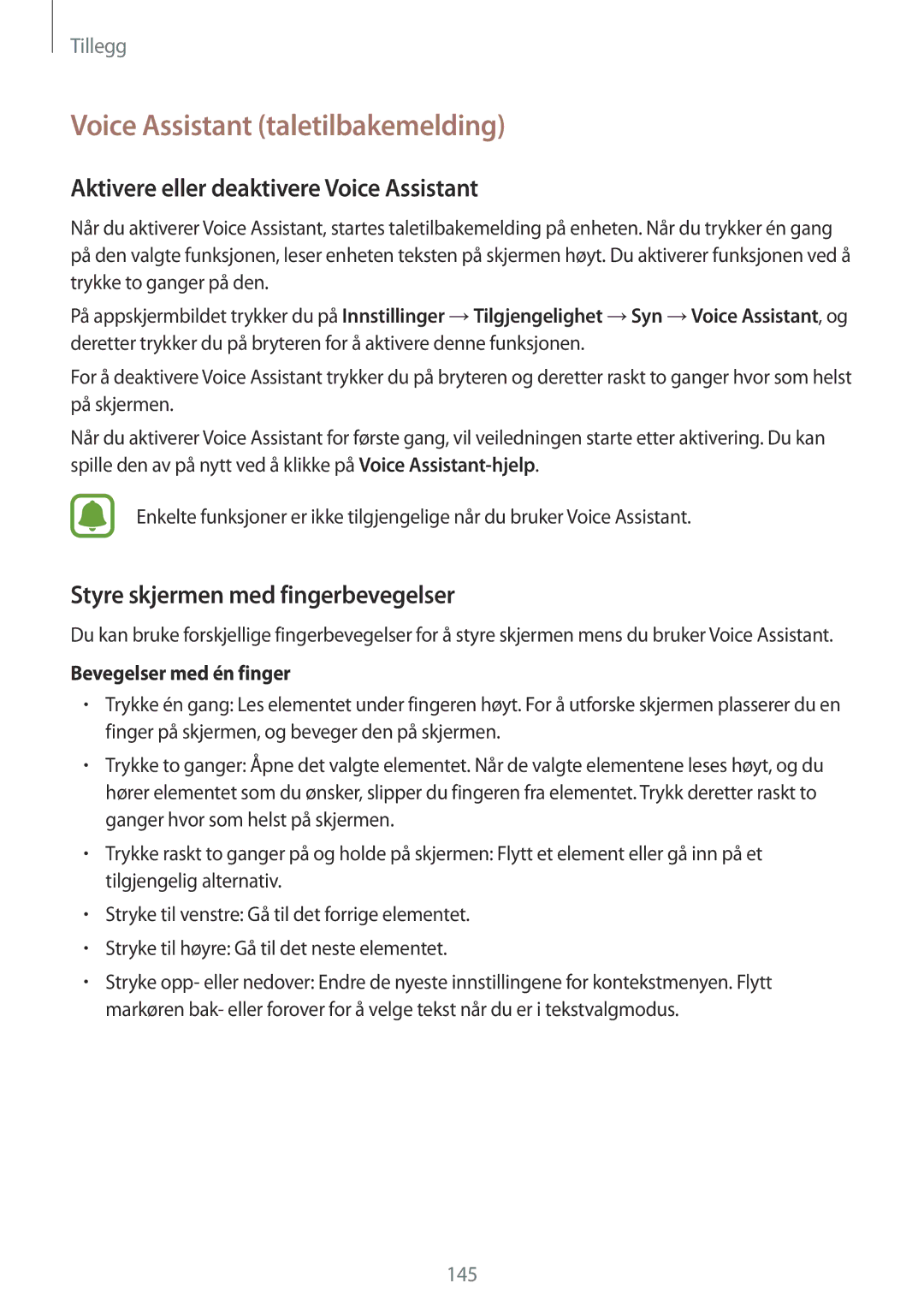 Samsung SM-G930FEDANEE, SM-G930FZWANEE manual Voice Assistant taletilbakemelding, Aktivere eller deaktivere Voice Assistant 