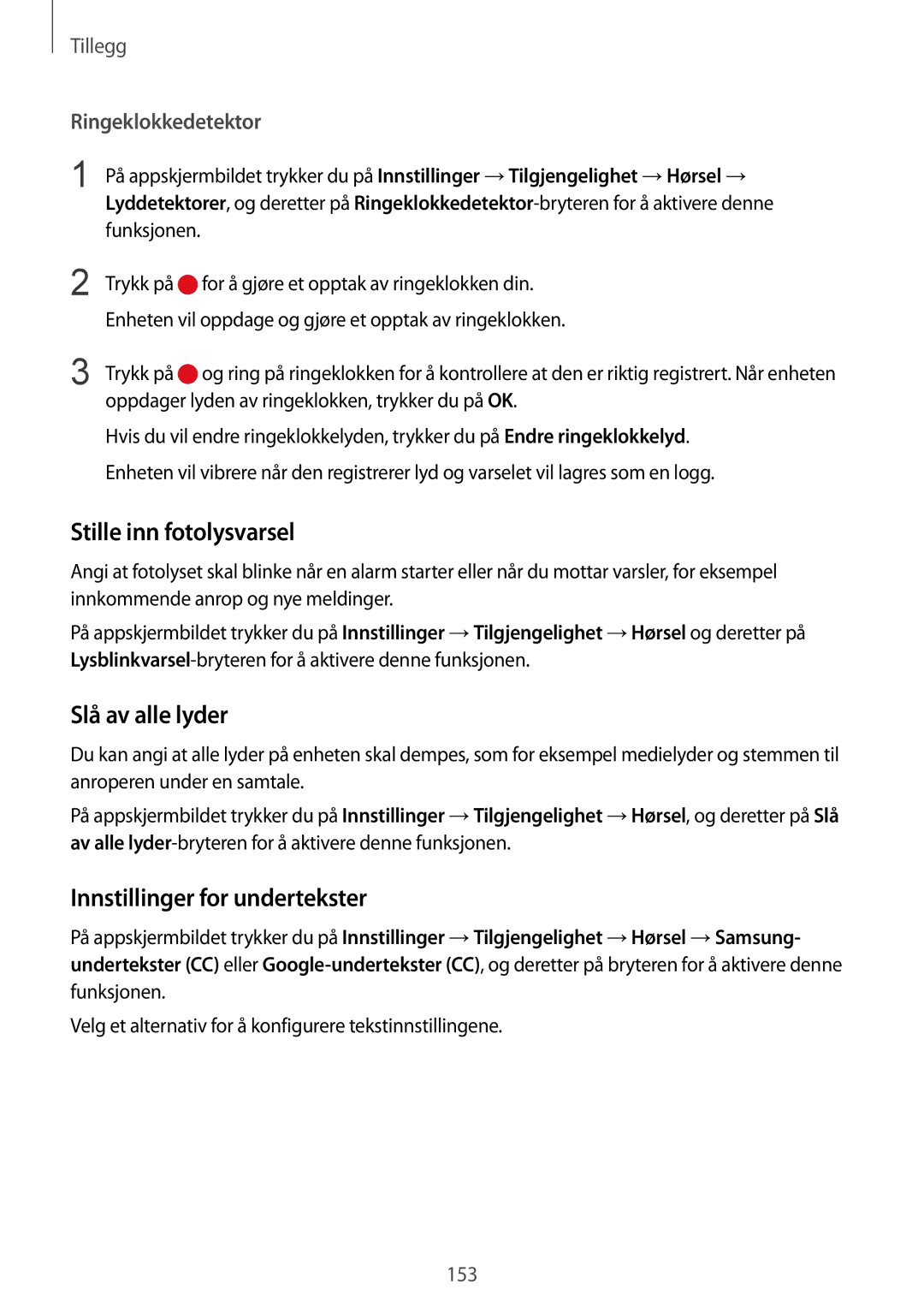 Samsung SM-G930FZKANEE, SM-G930FEDANEE manual Stille inn fotolysvarsel, Slå av alle lyder, Innstillinger for undertekster 