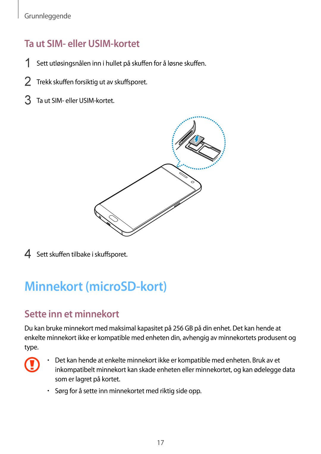 Samsung SM-G930FZSANEE, SM-G930FEDANEE manual Minnekort microSD-kort, Ta ut SIM- eller USIM-kortet, Sette inn et minnekort 