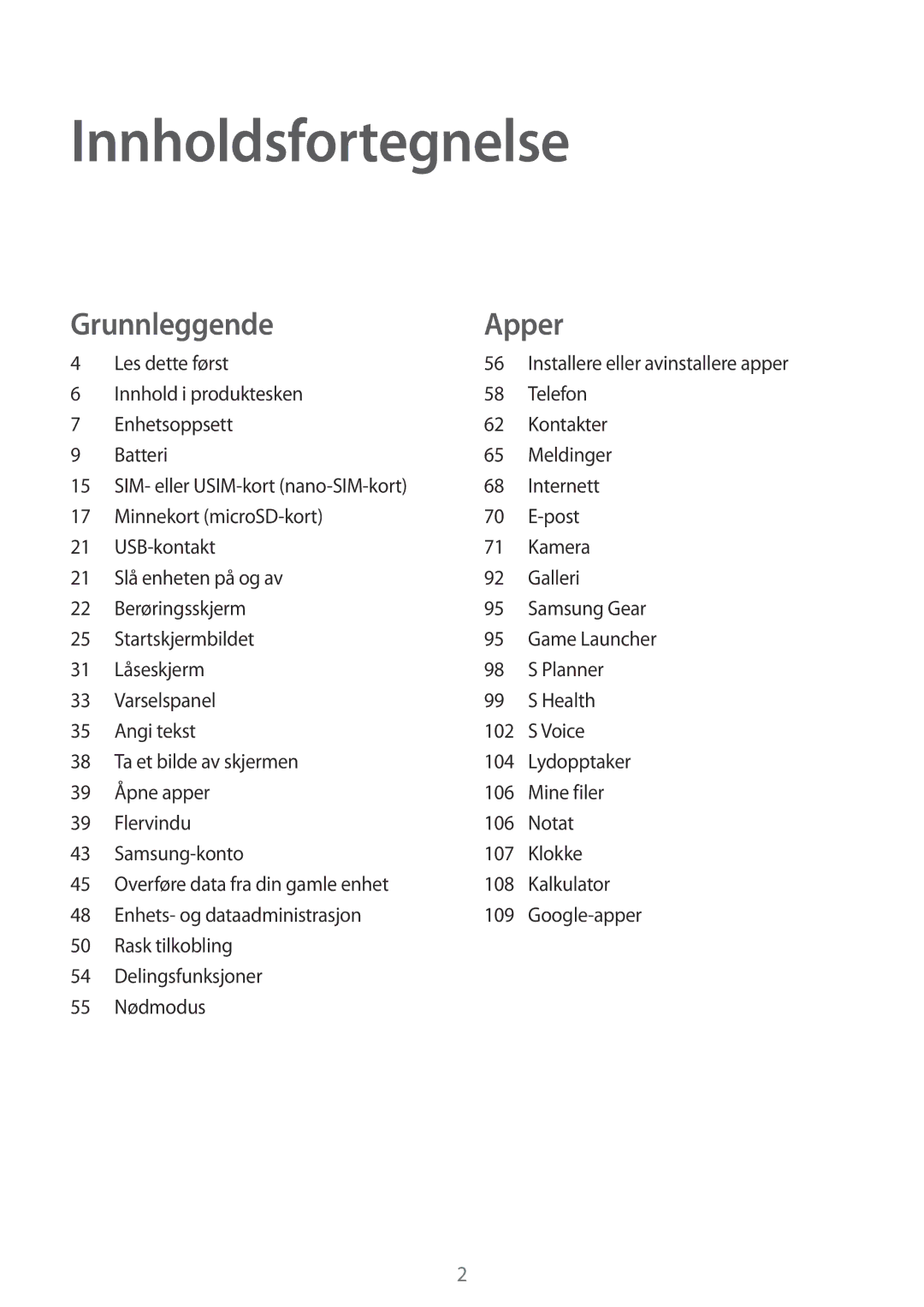 Samsung SM-G930FZSANEE, SM-G930FEDANEE, SM-G930FZWANEE, SM-G930FZKANEE, SM-G930FZDANEE manual Innholdsfortegnelse 