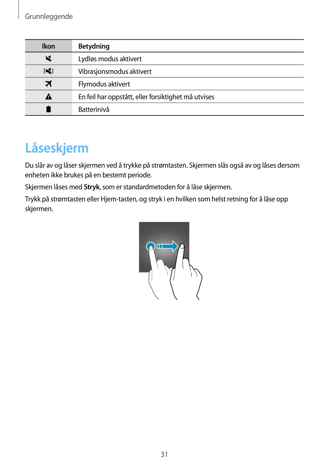 Samsung SM-G930FZWANEE, SM-G930FEDANEE, SM-G930FZSANEE, SM-G930FZKANEE, SM-G930FZDANEE manual Låseskjerm 