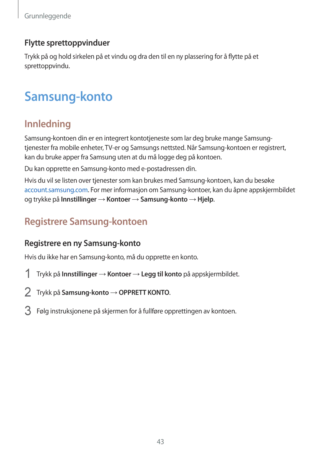 Samsung SM-G930FZKANEE manual Registrere Samsung-kontoen, Flytte sprettoppvinduer, Registrere en ny Samsung-konto 