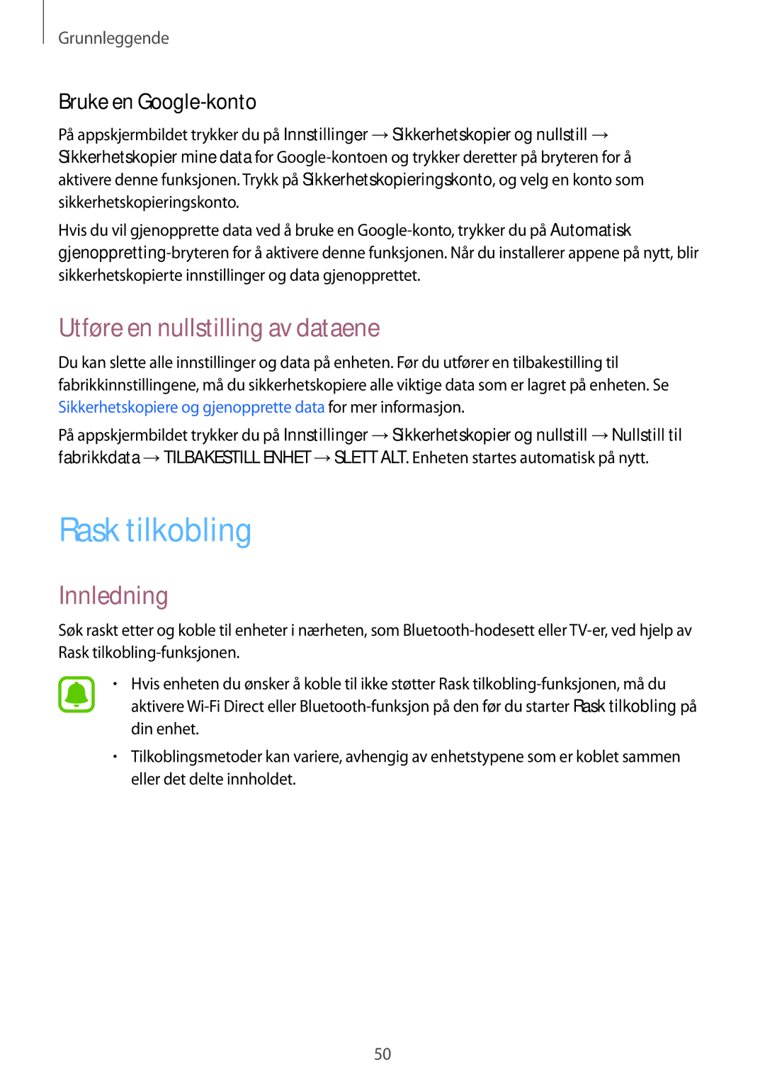 Samsung SM-G930FEDANEE, SM-G930FZWANEE manual Rask tilkobling, Utføre en nullstilling av dataene, Bruke en Google-konto 