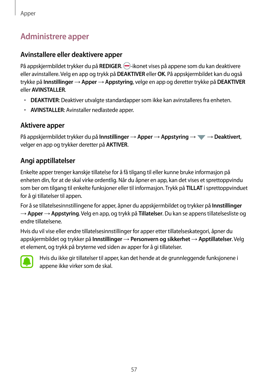 Samsung SM-G930FZSANEE manual Administrere apper, Avinstallere eller deaktivere apper, Aktivere apper, Angi apptillatelser 