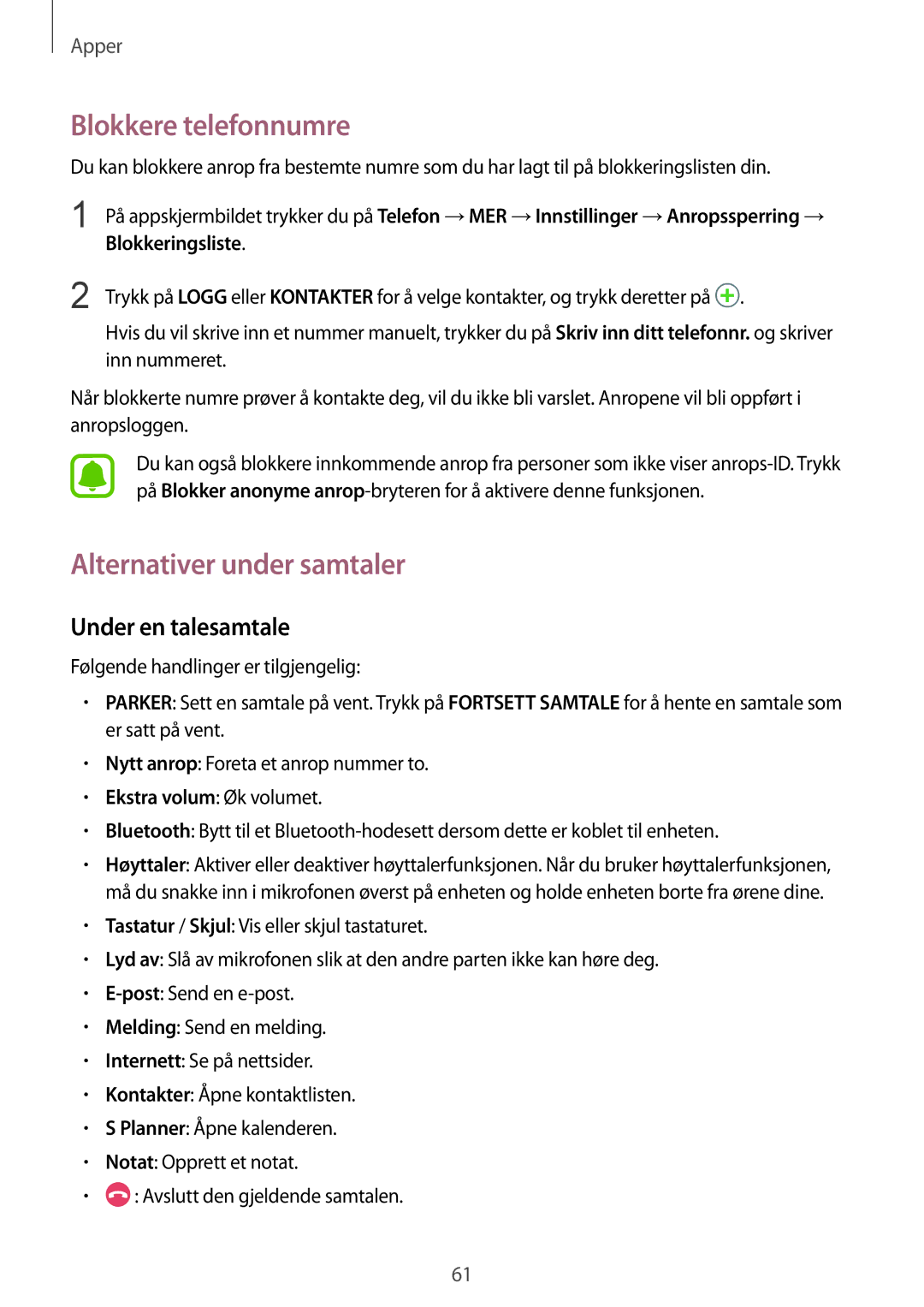 Samsung SM-G930FZWANEE, SM-G930FEDANEE manual Blokkere telefonnumre, Alternativer under samtaler, Under en talesamtale 