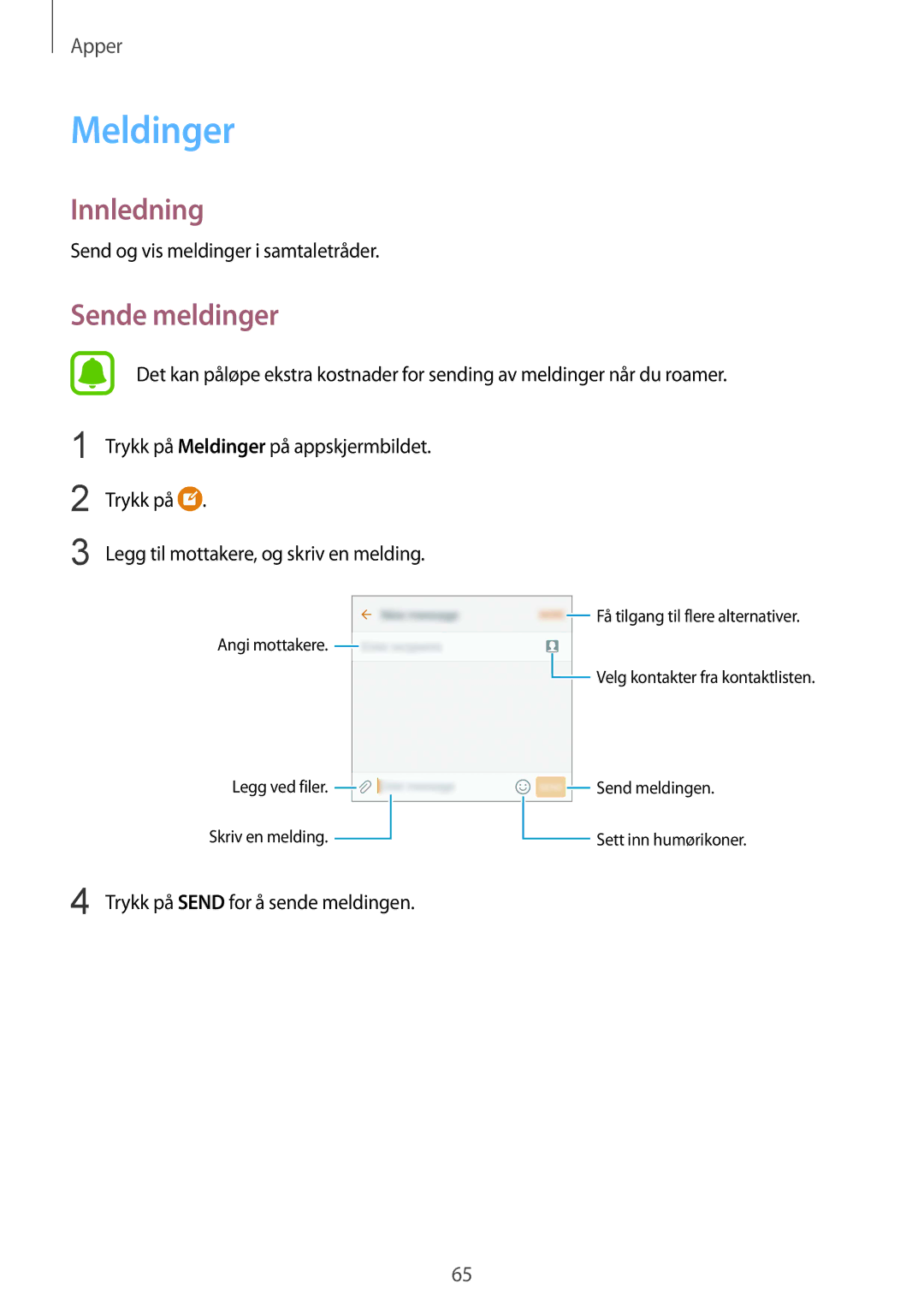 Samsung SM-G930FEDANEE, SM-G930FZWANEE, SM-G930FZSANEE, SM-G930FZKANEE, SM-G930FZDANEE manual Meldinger, Sende meldinger 
