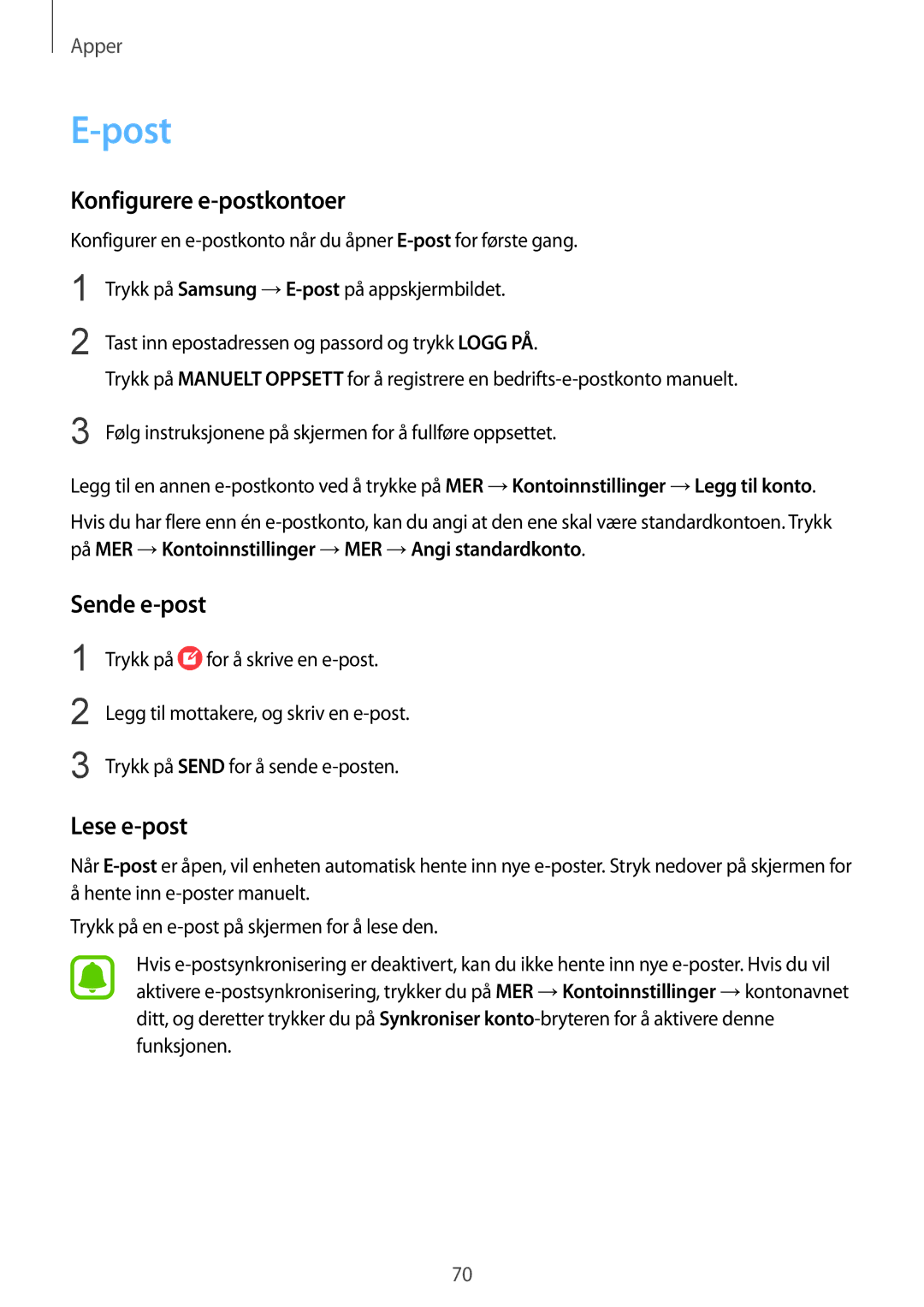 Samsung SM-G930FEDANEE, SM-G930FZWANEE, SM-G930FZSANEE manual Post, Konfigurere e-postkontoer, Sende e-post, Lese e-post 