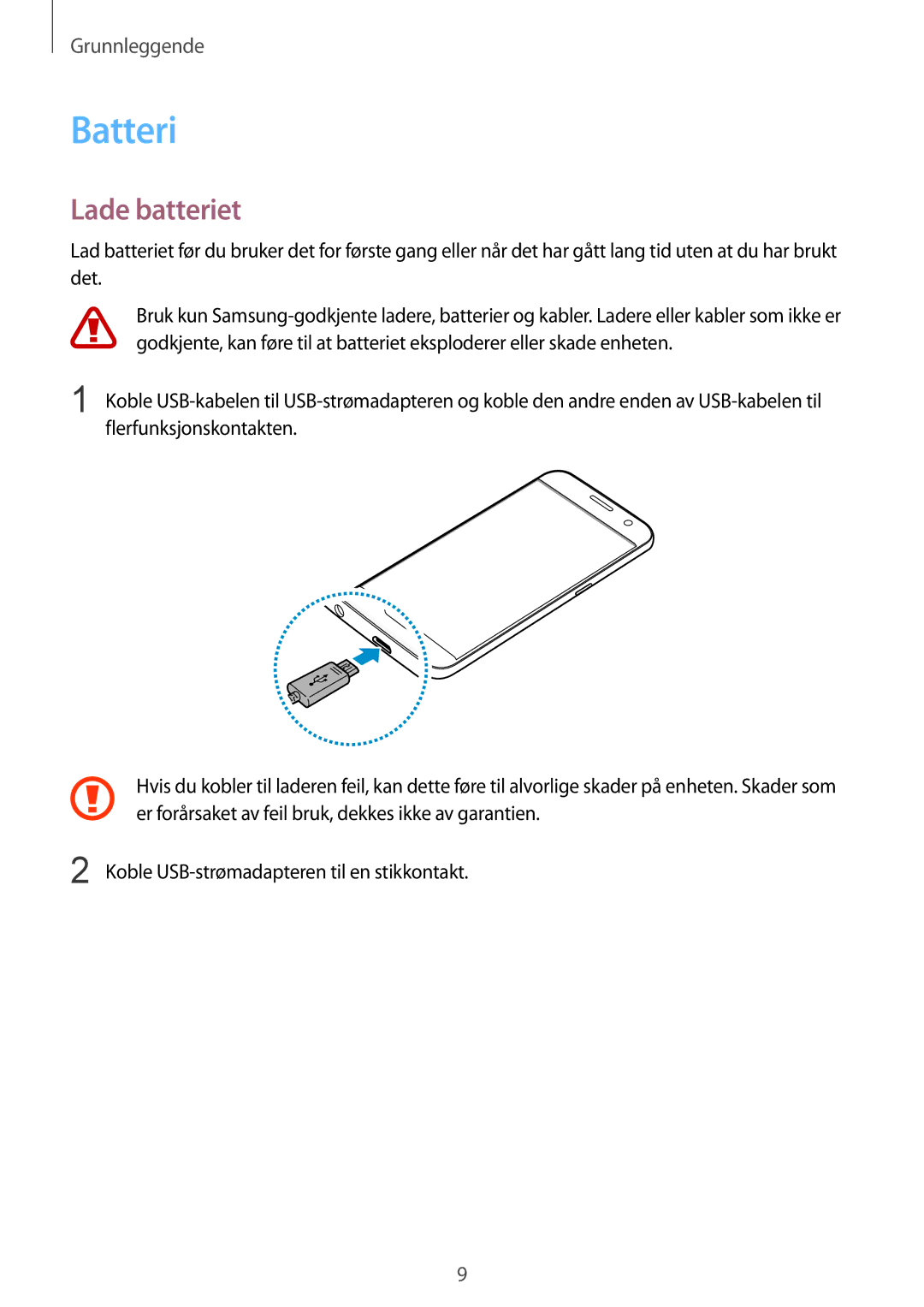 Samsung SM-G930FZDANEE, SM-G930FEDANEE, SM-G930FZWANEE, SM-G930FZSANEE, SM-G930FZKANEE manual Batteri, Lade batteriet 