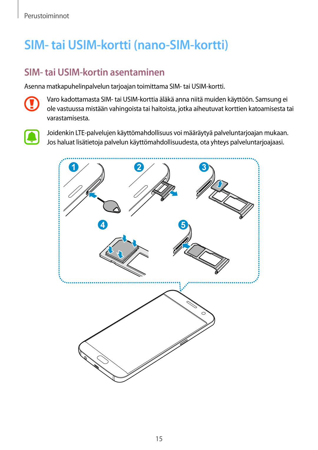 Samsung SM-G930FEDANEE, SM-G930FZWANEE manual SIM- tai USIM-kortti nano-SIM-kortti, SIM- tai USIM-kortin asentaminen 