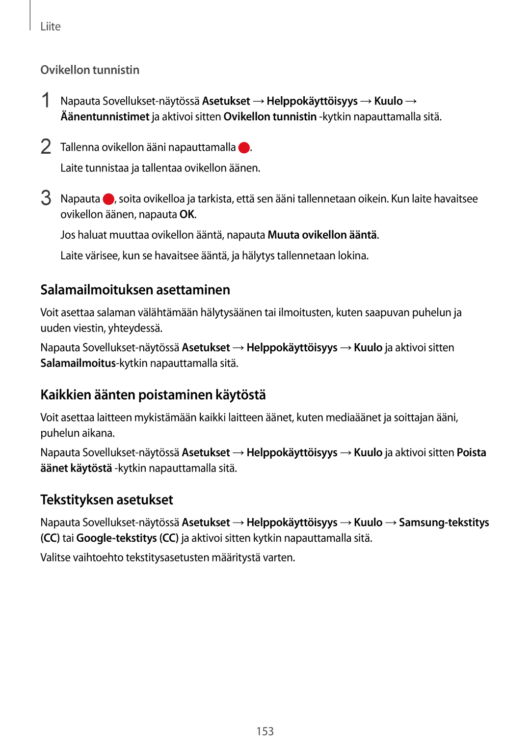 Samsung SM-G930FZKANEE manual Salamailmoituksen asettaminen, Kaikkien äänten poistaminen käytöstä, Tekstityksen asetukset 