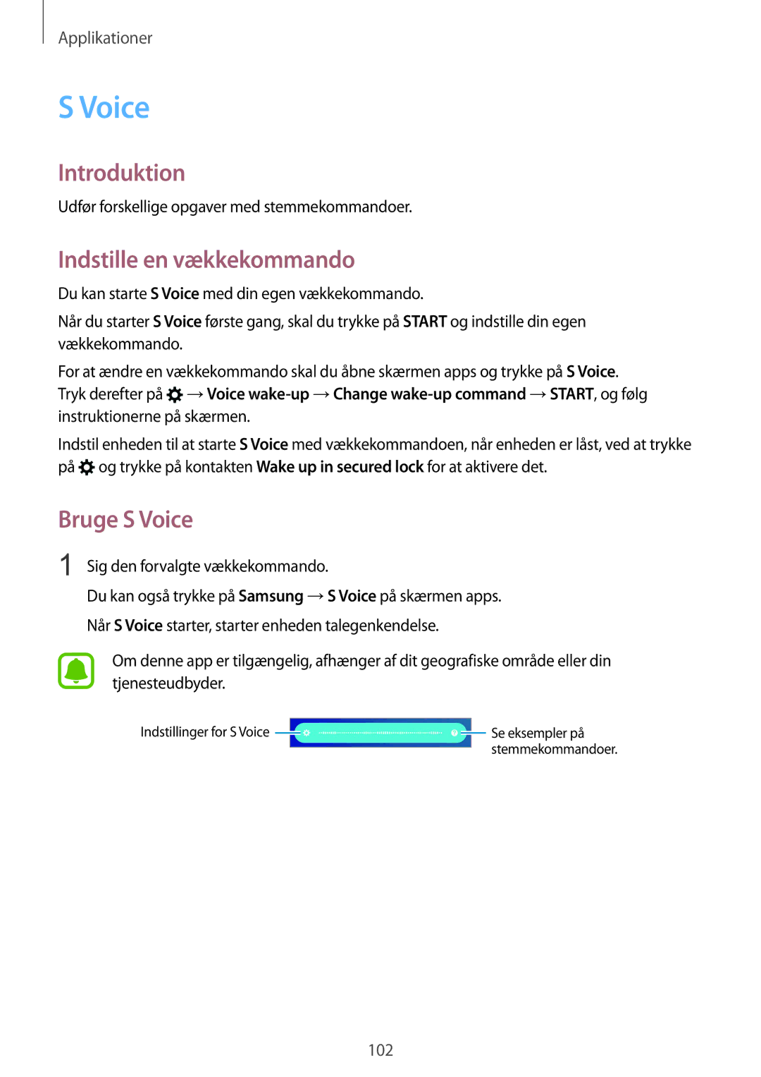 Samsung SM-G930FZSANEE manual Indstille en vækkekommando, Bruge S Voice, Udfør forskellige opgaver med stemmekommandoer 