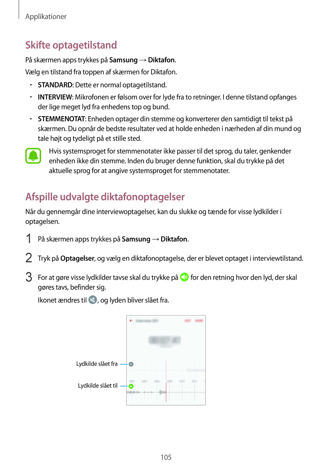 Samsung SM-G930FEDANEE, SM-G930FZWANEE, SM-G930FZSANEE manual Skifte optagetilstand, Afspille udvalgte diktafonoptagelser 