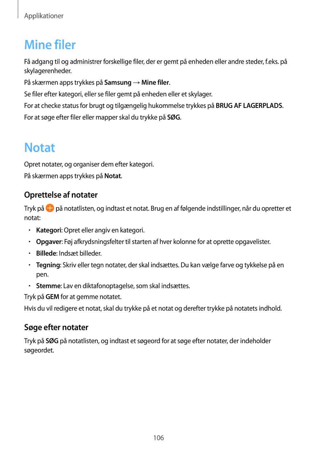 Samsung SM-G930FZWANEE, SM-G930FEDANEE, SM-G930FZSANEE manual Mine filer, Notat, Oprettelse af notater, Søge efter notater 