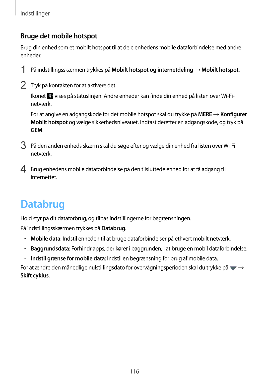 Samsung SM-G930FZWANEE, SM-G930FEDANEE, SM-G930FZSANEE manual Databrug, Bruge det mobile hotspot, Netværk, Internettet 