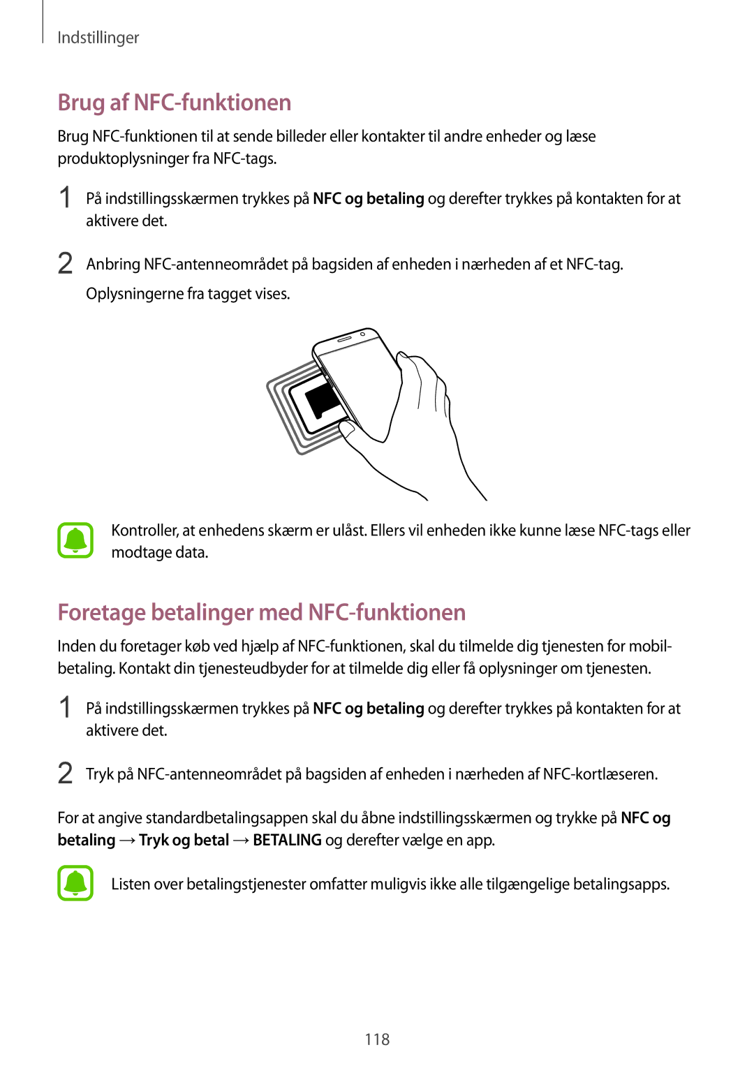 Samsung SM-G930FZKANEE, SM-G930FEDANEE, SM-G930FZWANEE manual Brug af NFC-funktionen, Foretage betalinger med NFC-funktionen 