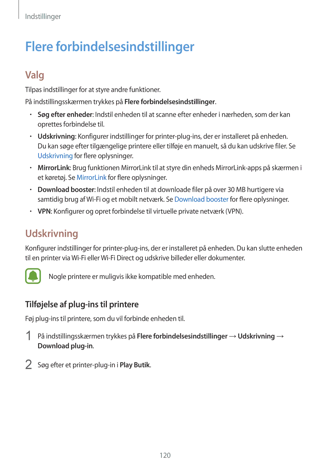 Samsung SM-G930FEDANEE manual Flere forbindelsesindstillinger, Valg, Udskrivning, Tilføjelse af plug-ins til printere 