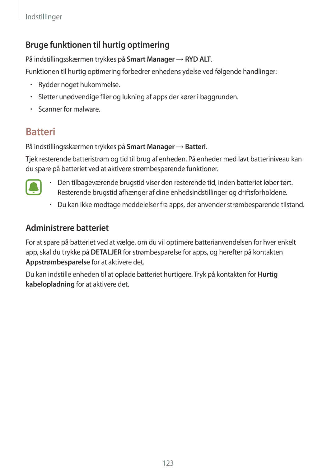 Samsung SM-G930FZKANEE, SM-G930FEDANEE manual Batteri, Bruge funktionen til hurtig optimering, Administrere batteriet 