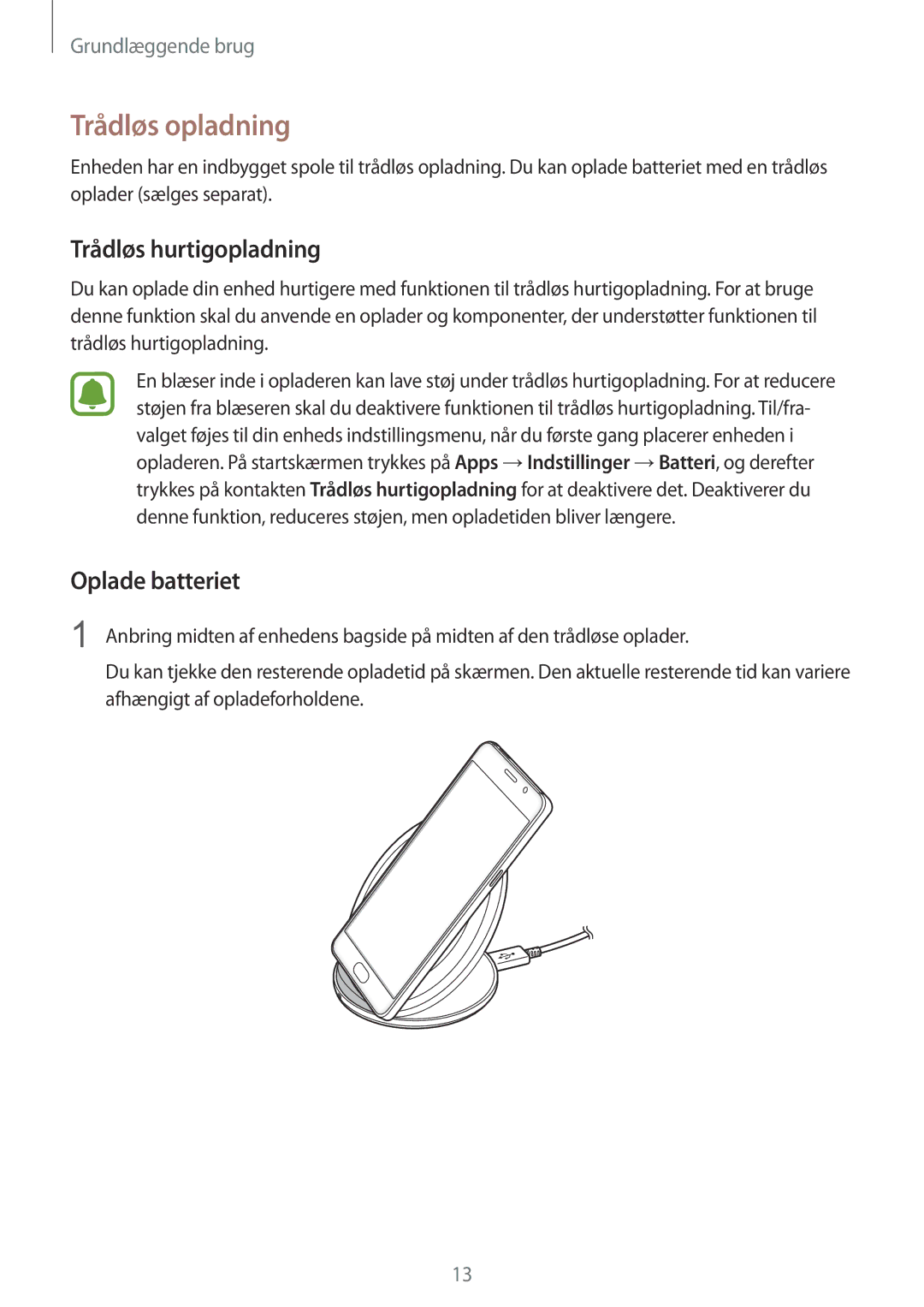 Samsung SM-G930FZKANEE, SM-G930FEDANEE, SM-G930FZWANEE manual Trådløs opladning, Trådløs hurtigopladning, Oplade batteriet 