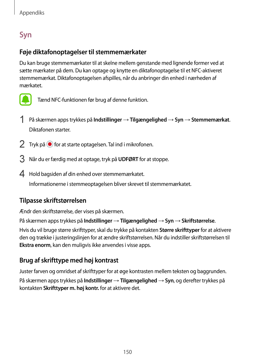 Samsung SM-G930FEDANEE, SM-G930FZWANEE manual Syn, Føje diktafonoptagelser til stemmemærkater, Tilpasse skriftstørrelsen 