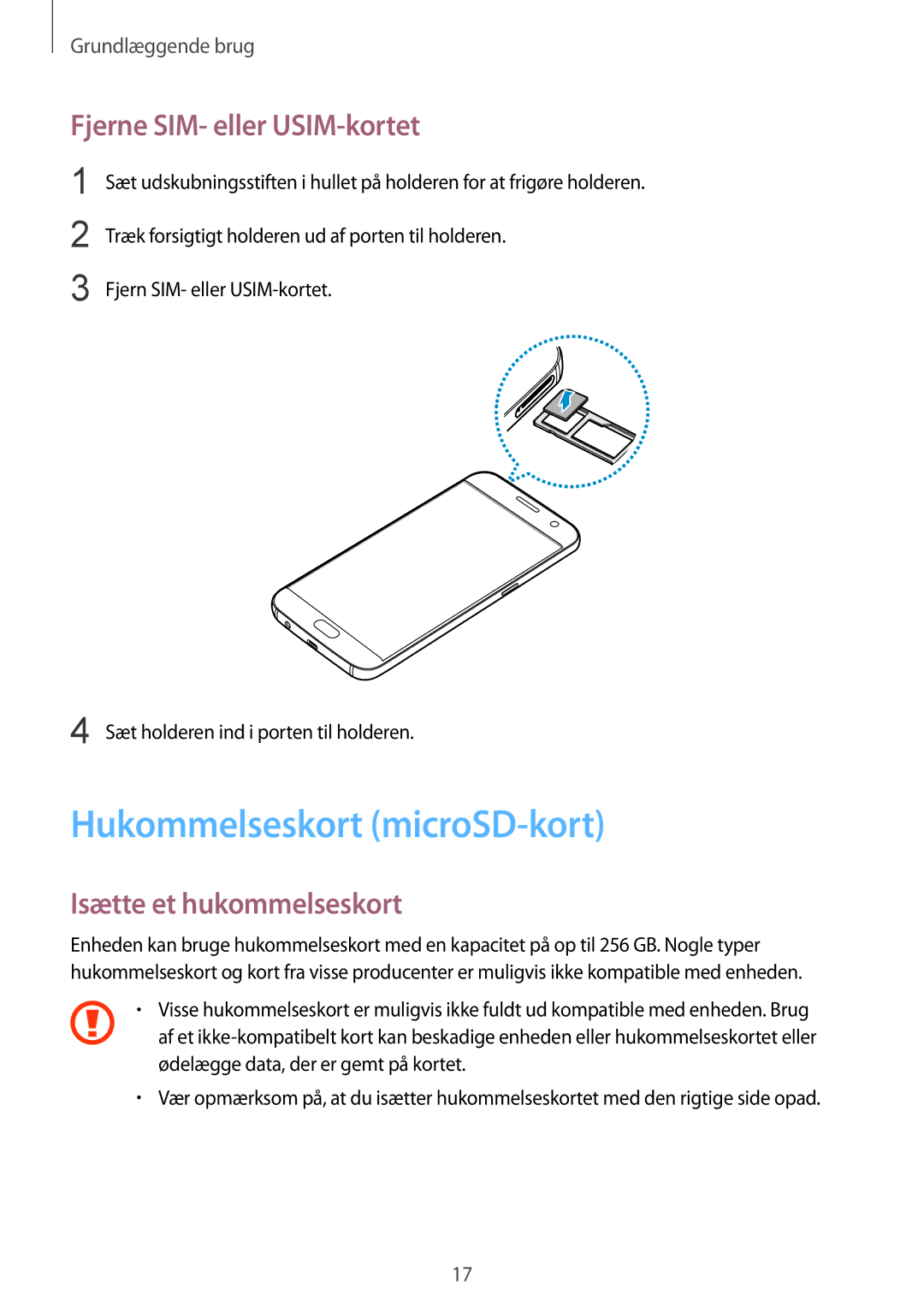 Samsung SM-G930FZSANEE manual Hukommelseskort microSD-kort, Fjerne SIM- eller USIM-kortet, Isætte et hukommelseskort 