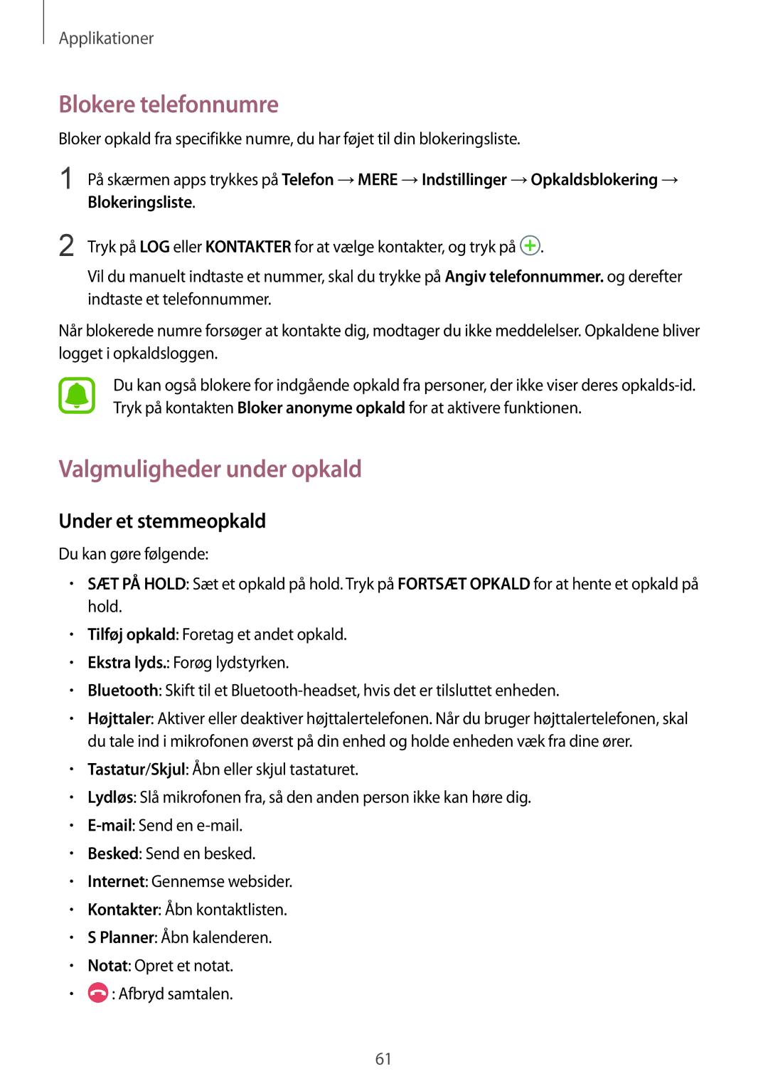 Samsung SM-G930FZWANEE manual Blokere telefonnumre, Valgmuligheder under opkald, Under et stemmeopkald, Blokeringsliste 