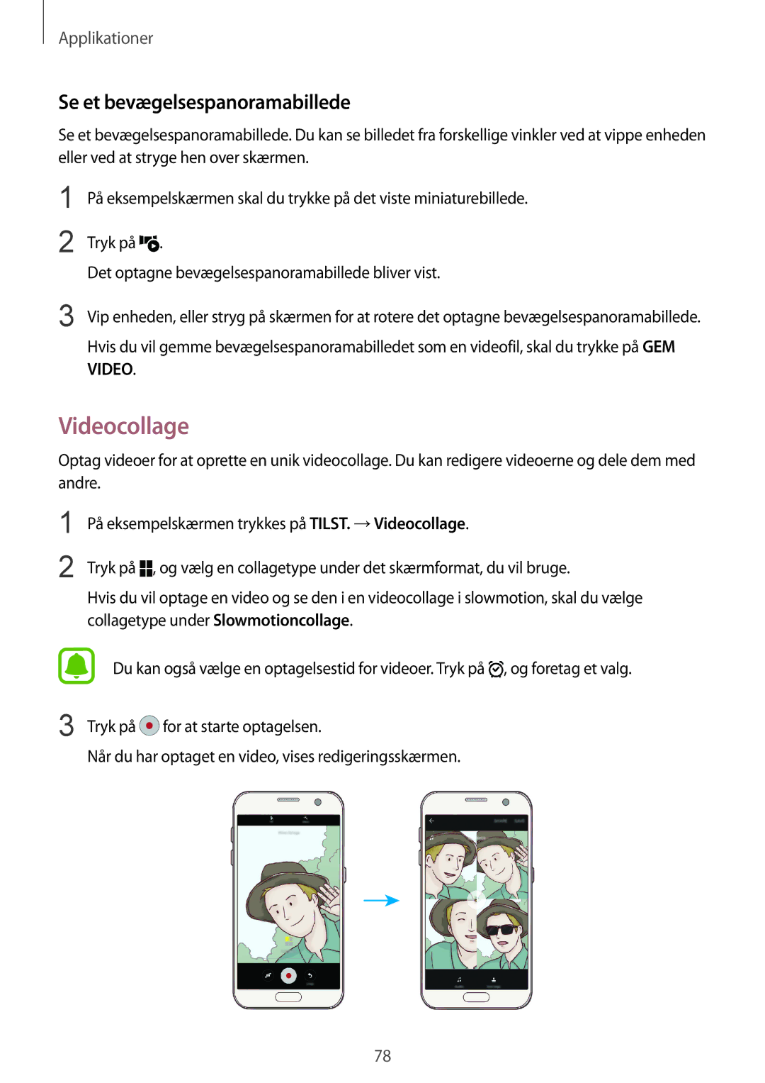 Samsung SM-G930FZKANEE, SM-G930FEDANEE, SM-G930FZWANEE, SM-G930FZSANEE manual Videocollage, Se et bevægelsespanoramabillede 