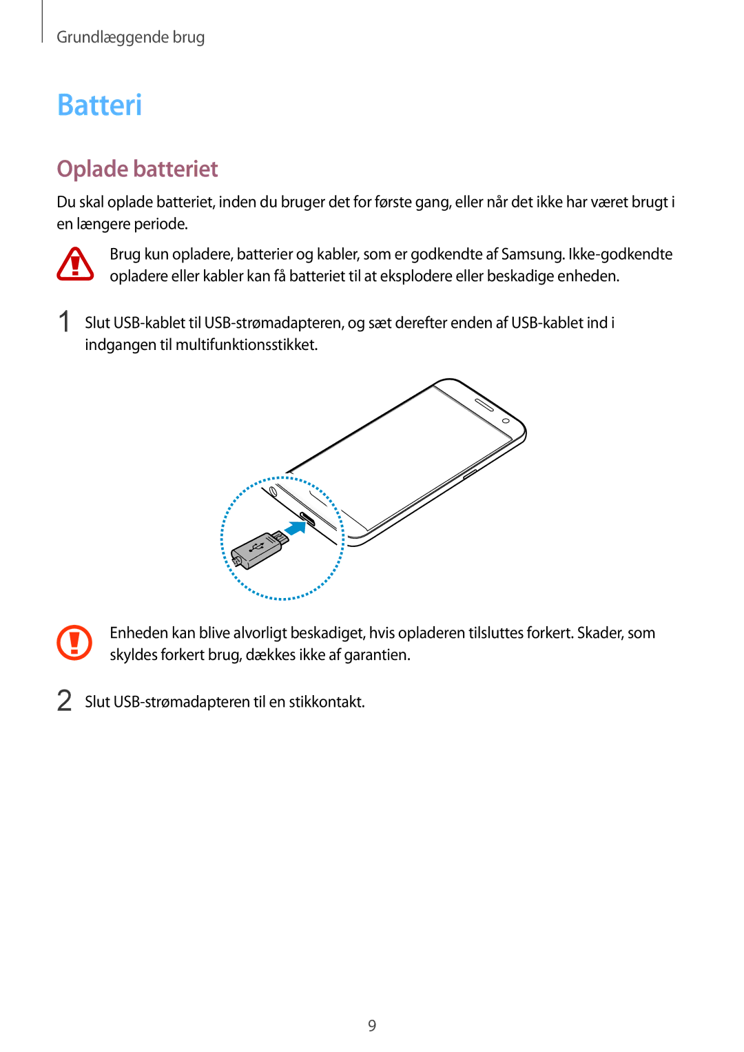 Samsung SM-G930FZDANEE, SM-G930FEDANEE, SM-G930FZWANEE, SM-G930FZSANEE, SM-G930FZKANEE manual Batteri, Oplade batteriet 