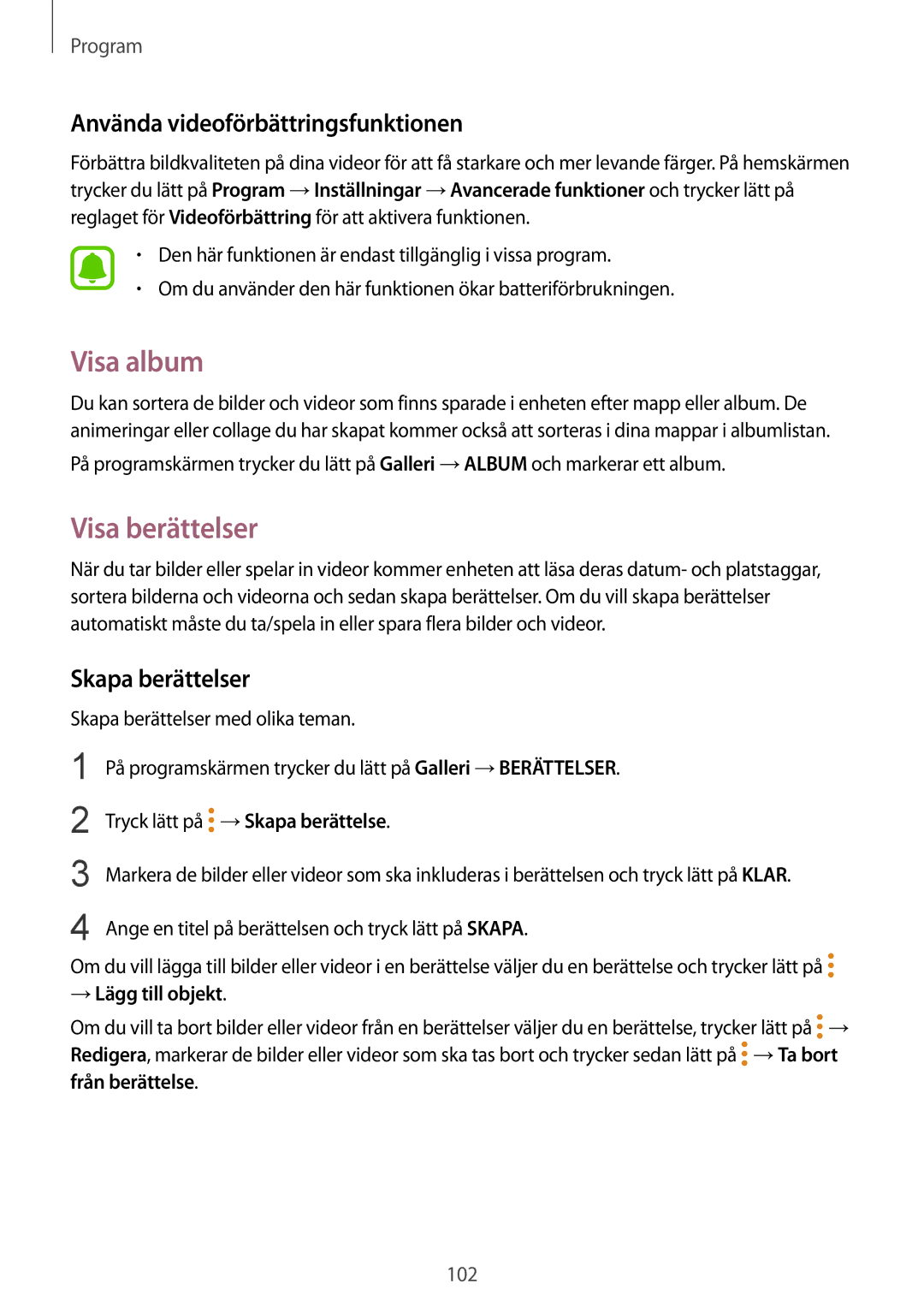 Samsung SM-G930FZSANEE manual Visa album, Visa berättelser, Använda videoförbättringsfunktionen, Skapa berättelser 