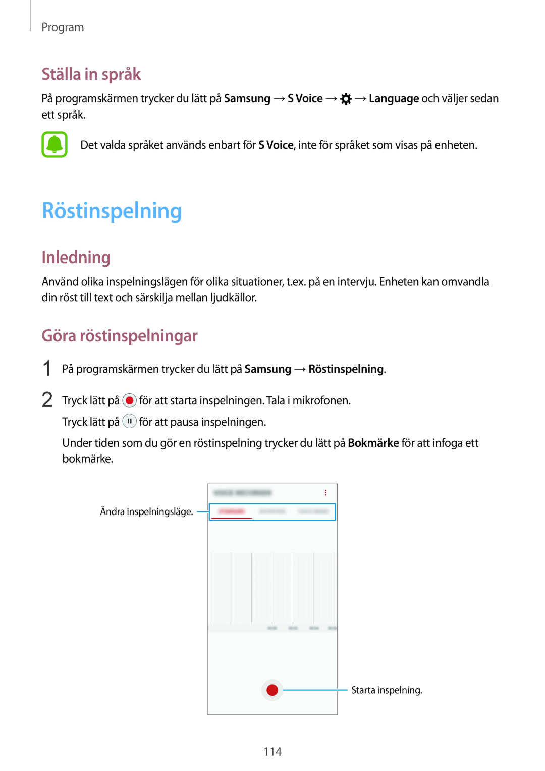 Samsung SM-G930FZDANEE, SM-G930FEDANEE, SM-G930FZWANEE manual Röstinspelning, Ställa in språk, Göra röstinspelningar 