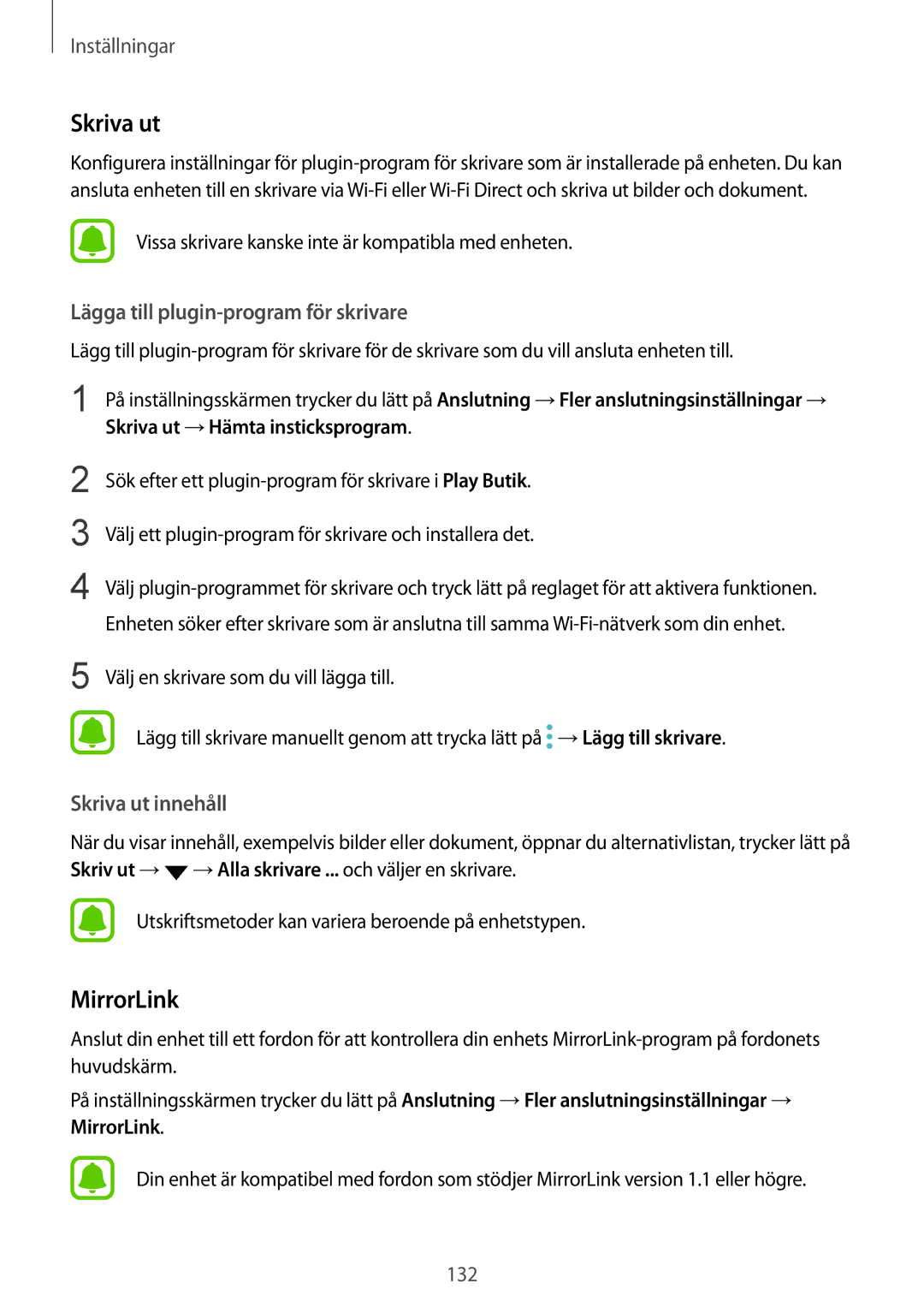 Samsung SM-G930FZSANEE, SM-G930FEDANEE manual MirrorLink, Lägga till plugin-program för skrivare, Skriva ut innehåll 