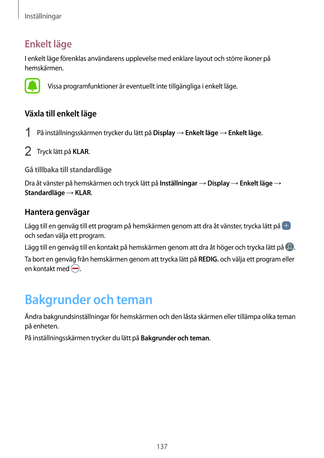 Samsung SM-G930FZSANEE, SM-G930FEDANEE manual Bakgrunder och teman, Enkelt läge, Växla till enkelt läge, Hantera genvägar 