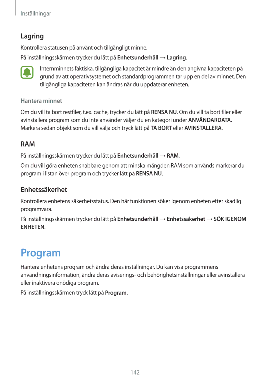 Samsung SM-G930FZSANEE, SM-G930FEDANEE, SM-G930FZWANEE, SM-G930FZKANEE manual Program, Lagring, Enhetssäkerhet, Hantera minnet 