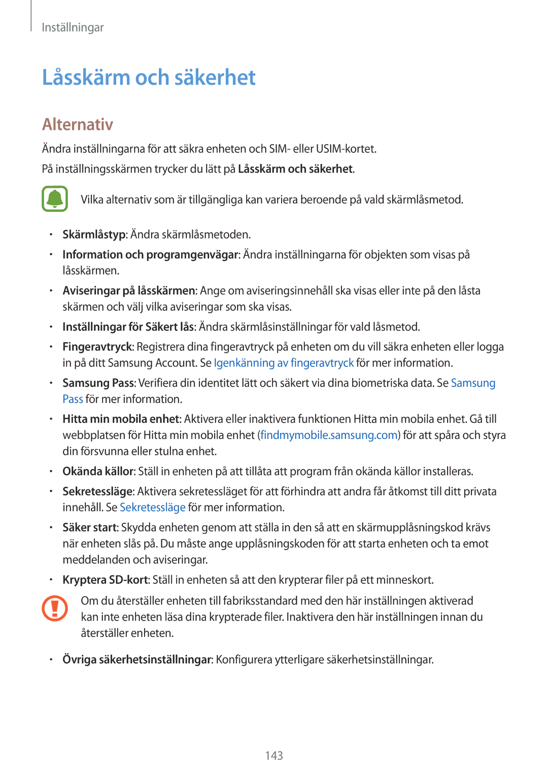 Samsung SM-G930FZKANEE, SM-G930FEDANEE, SM-G930FZWANEE, SM-G930FZSANEE, SM-G930FZDANEE manual Låsskärm och säkerhet, Alternativ 