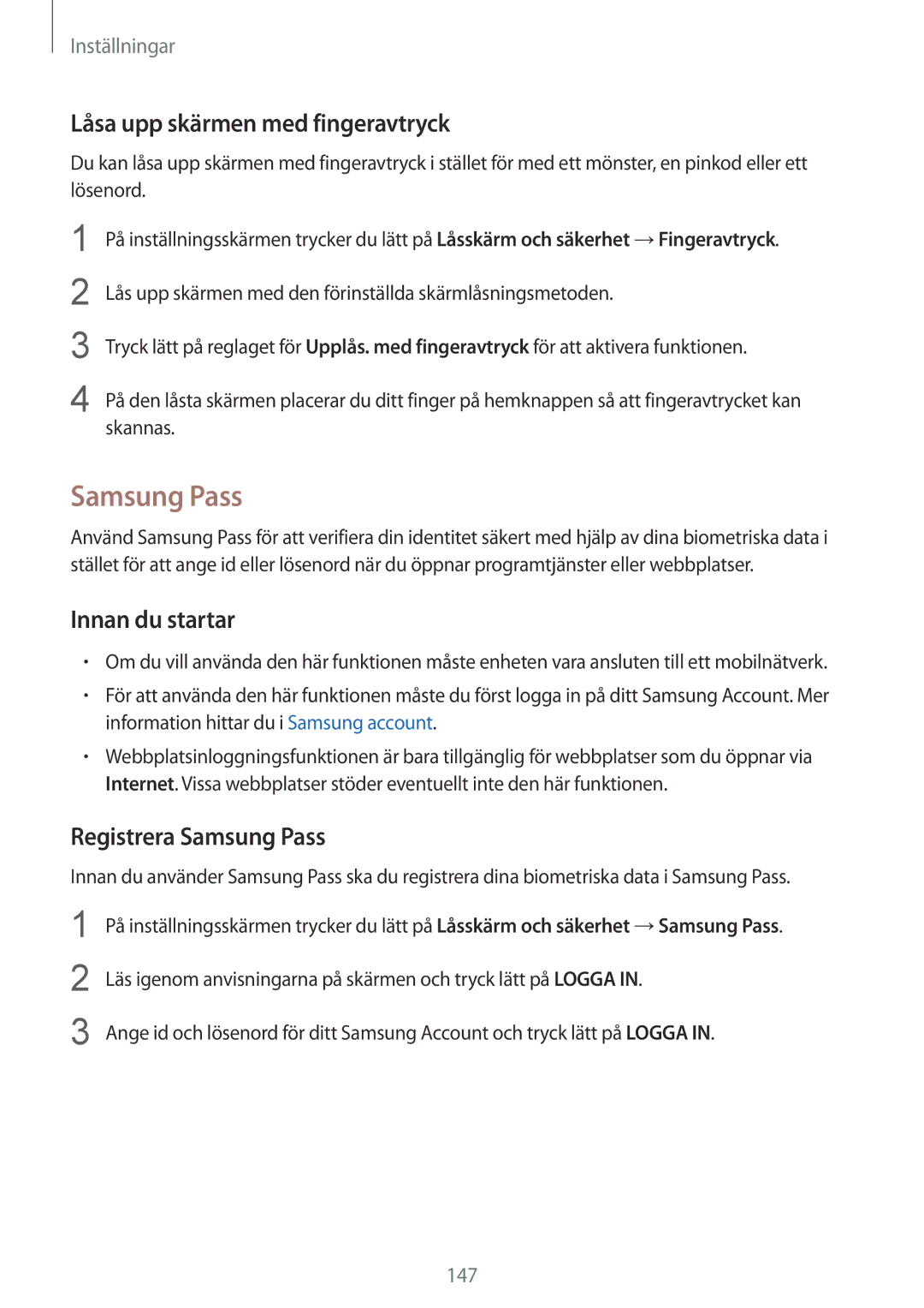 Samsung SM-G930FZSANEE, SM-G930FEDANEE, SM-G930FZWANEE manual Låsa upp skärmen med fingeravtryck, Registrera Samsung Pass 