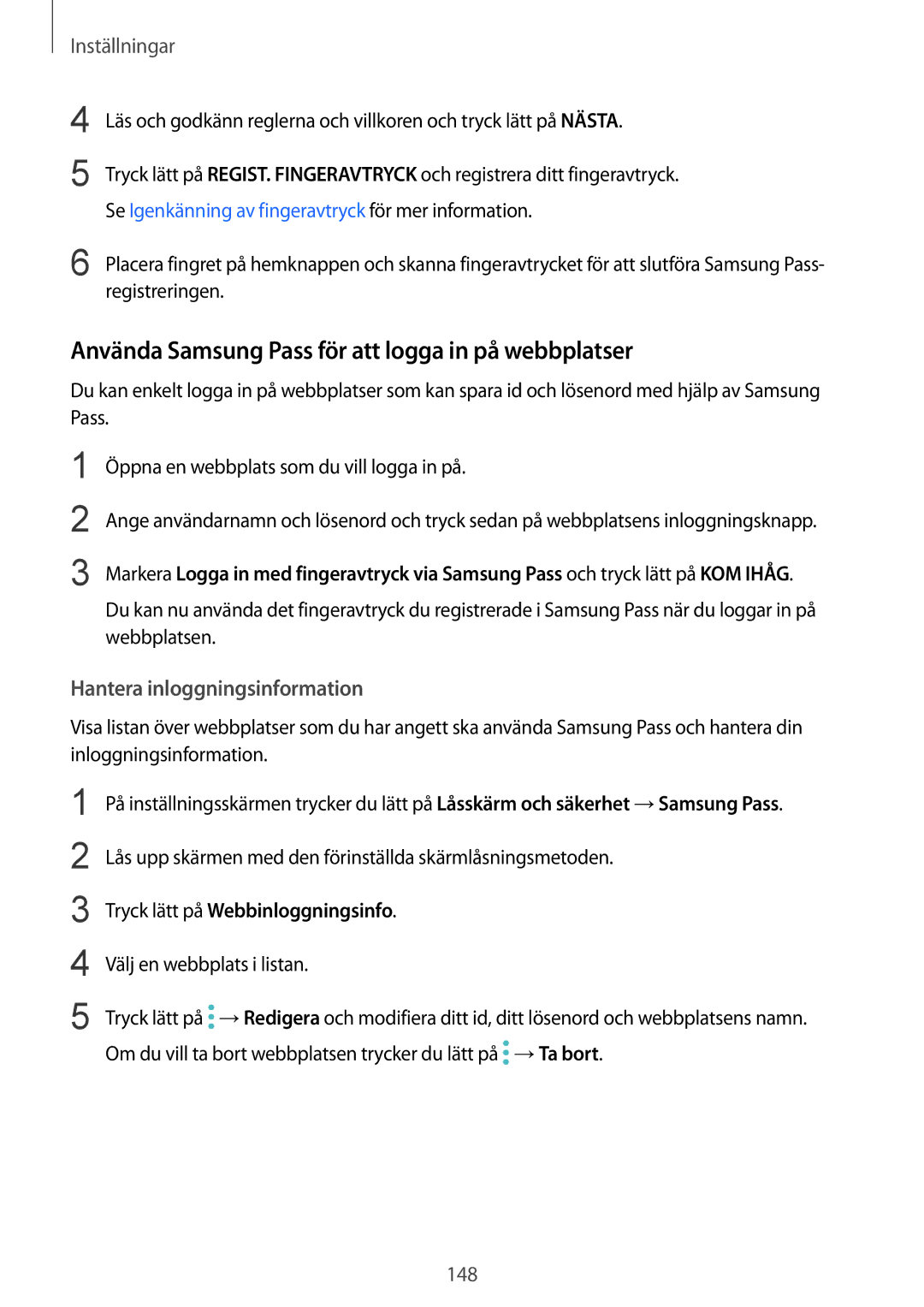 Samsung SM-G930FZKANEE manual Använda Samsung Pass för att logga in på webbplatser, Hantera inloggningsinformation 