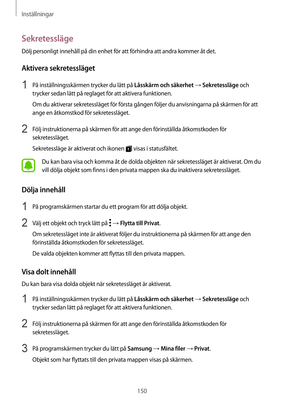 Samsung SM-G930FEDANEE, SM-G930FZWANEE manual Sekretessläge, Aktivera sekretessläget, Dölja innehåll, Visa dolt innehåll 