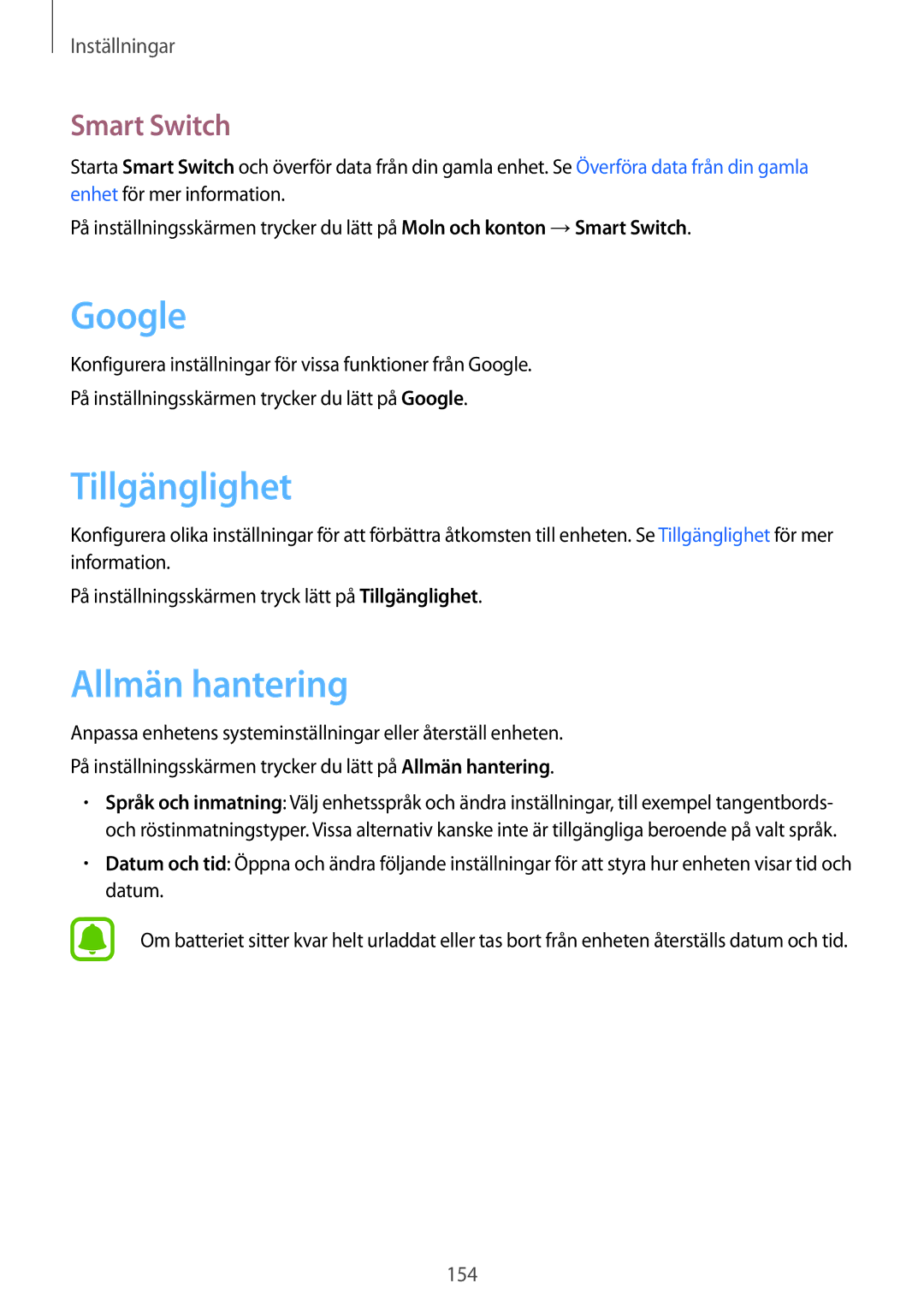 Samsung SM-G930FZDANEE, SM-G930FEDANEE, SM-G930FZWANEE manual Google, Tillgänglighet, Allmän hantering, Smart Switch 