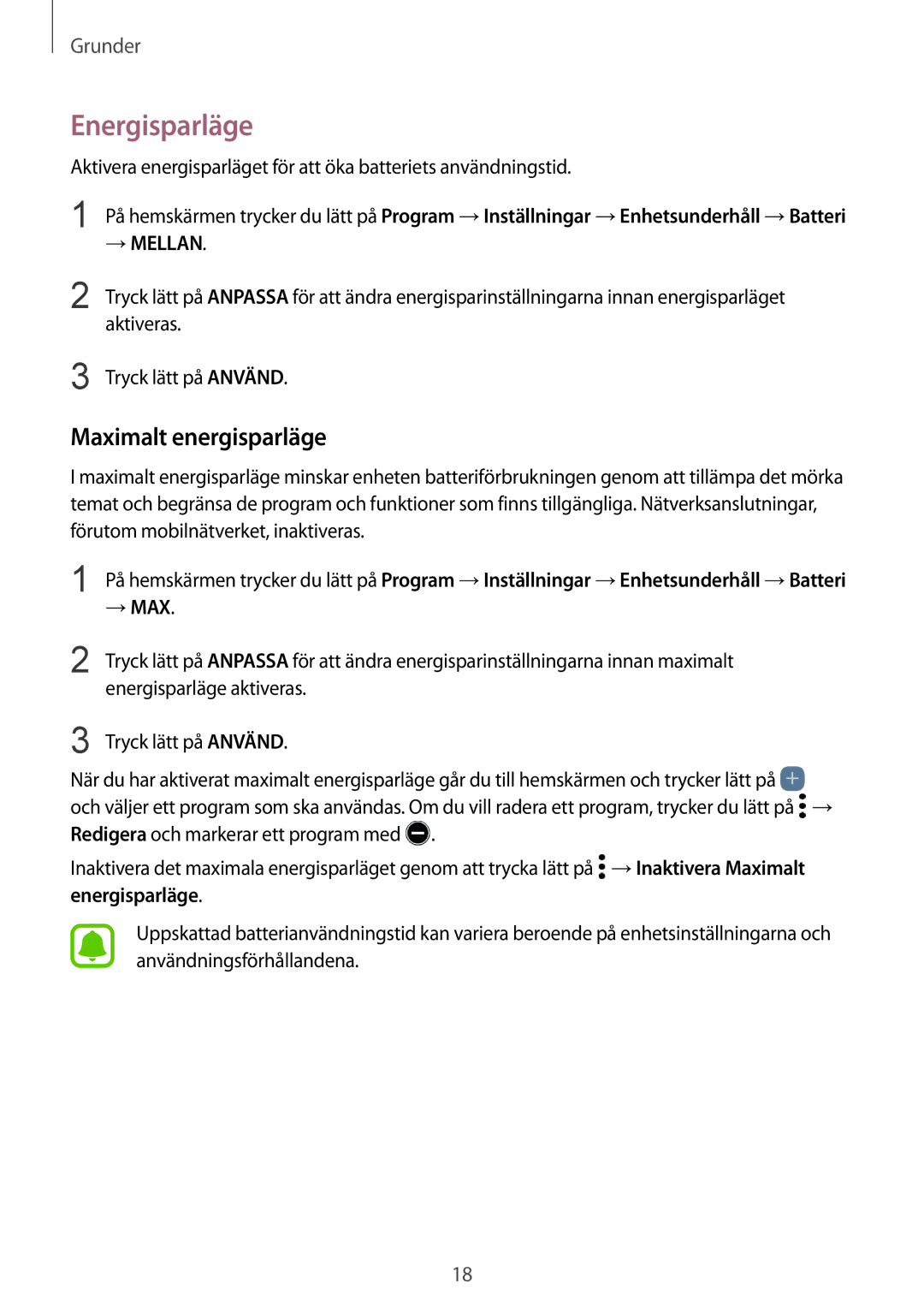 Samsung SM-G930FZKANEE, SM-G930FEDANEE, SM-G930FZWANEE, SM-G930FZSANEE manual Energisparläge, Maximalt energisparläge 