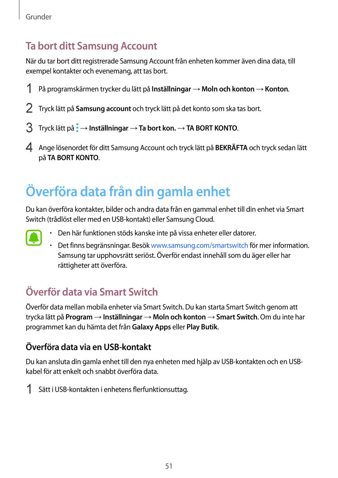 Samsung SM-G930FZWANEE Överföra data från din gamla enhet, Ta bort ditt Samsung Account, Överför data via Smart Switch 