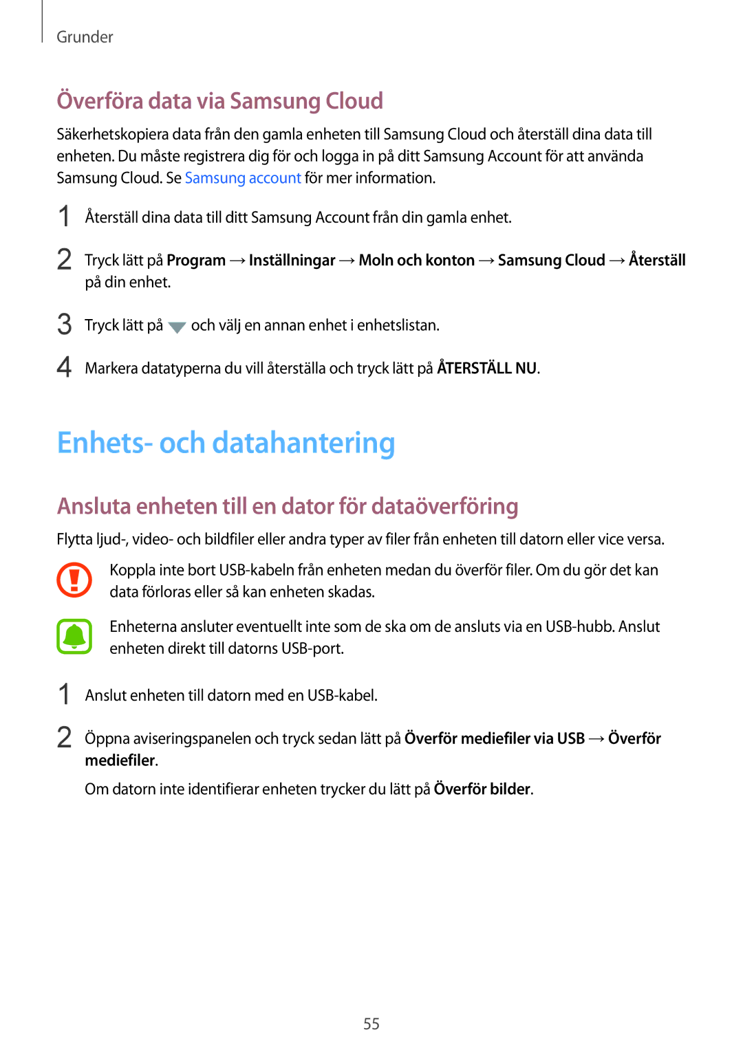 Samsung SM-G930FEDANEE, SM-G930FZWANEE, SM-G930FZSANEE manual Enhets- och datahantering, Överföra data via Samsung Cloud 