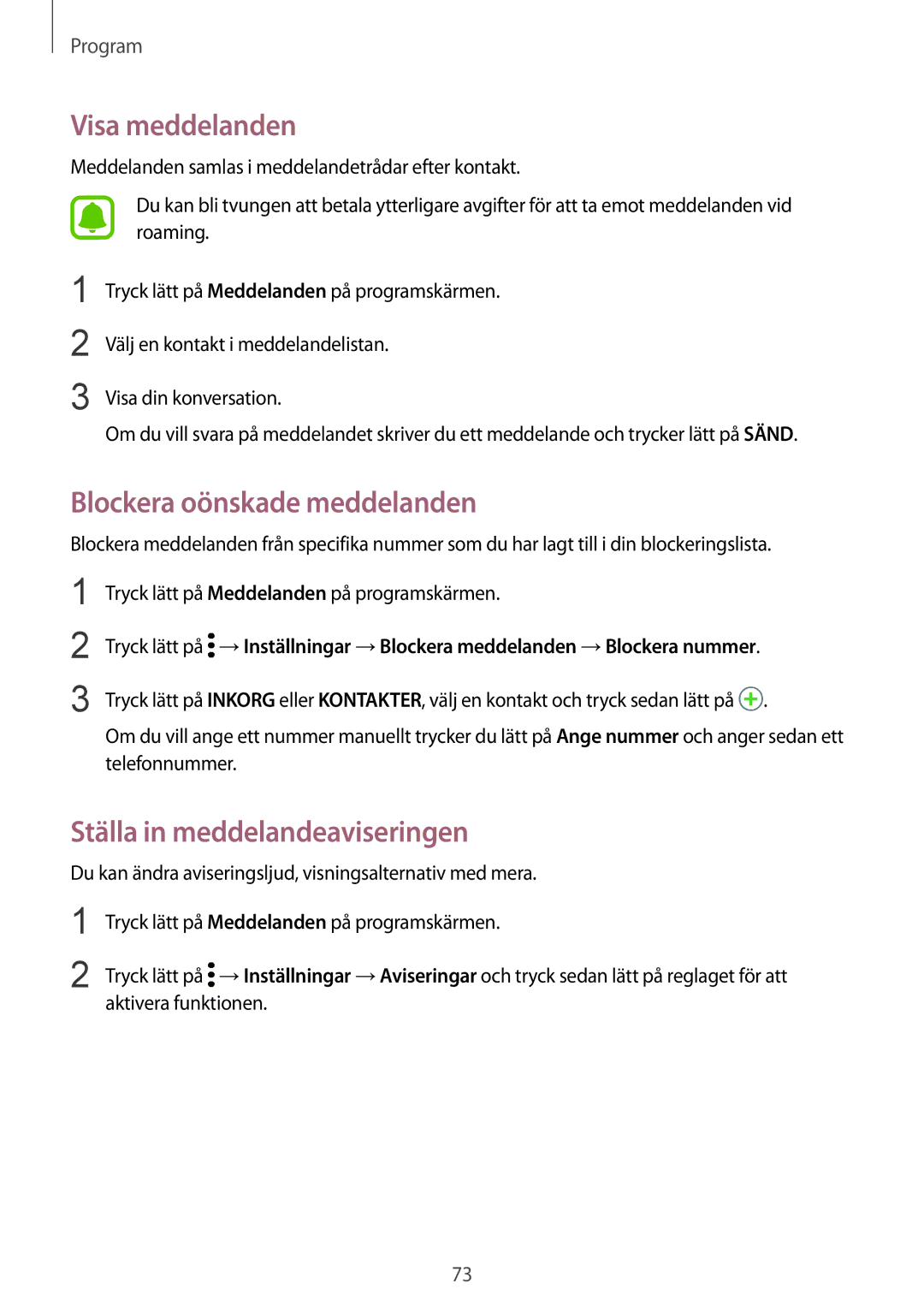 Samsung SM-G930FZKANEE, SM-G930FEDANEE Visa meddelanden, Blockera oönskade meddelanden, Ställa in meddelandeaviseringen 