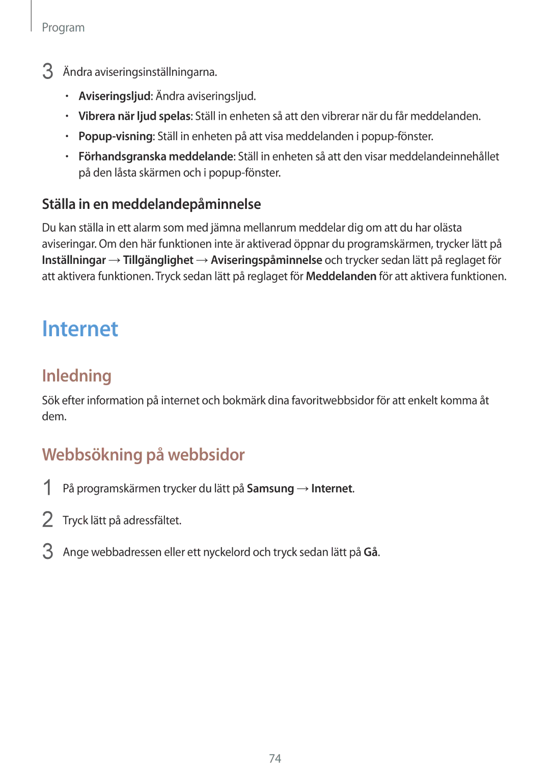 Samsung SM-G930FZDANEE, SM-G930FEDANEE manual Internet, Webbsökning på webbsidor, Ställa in en meddelandepåminnelse 