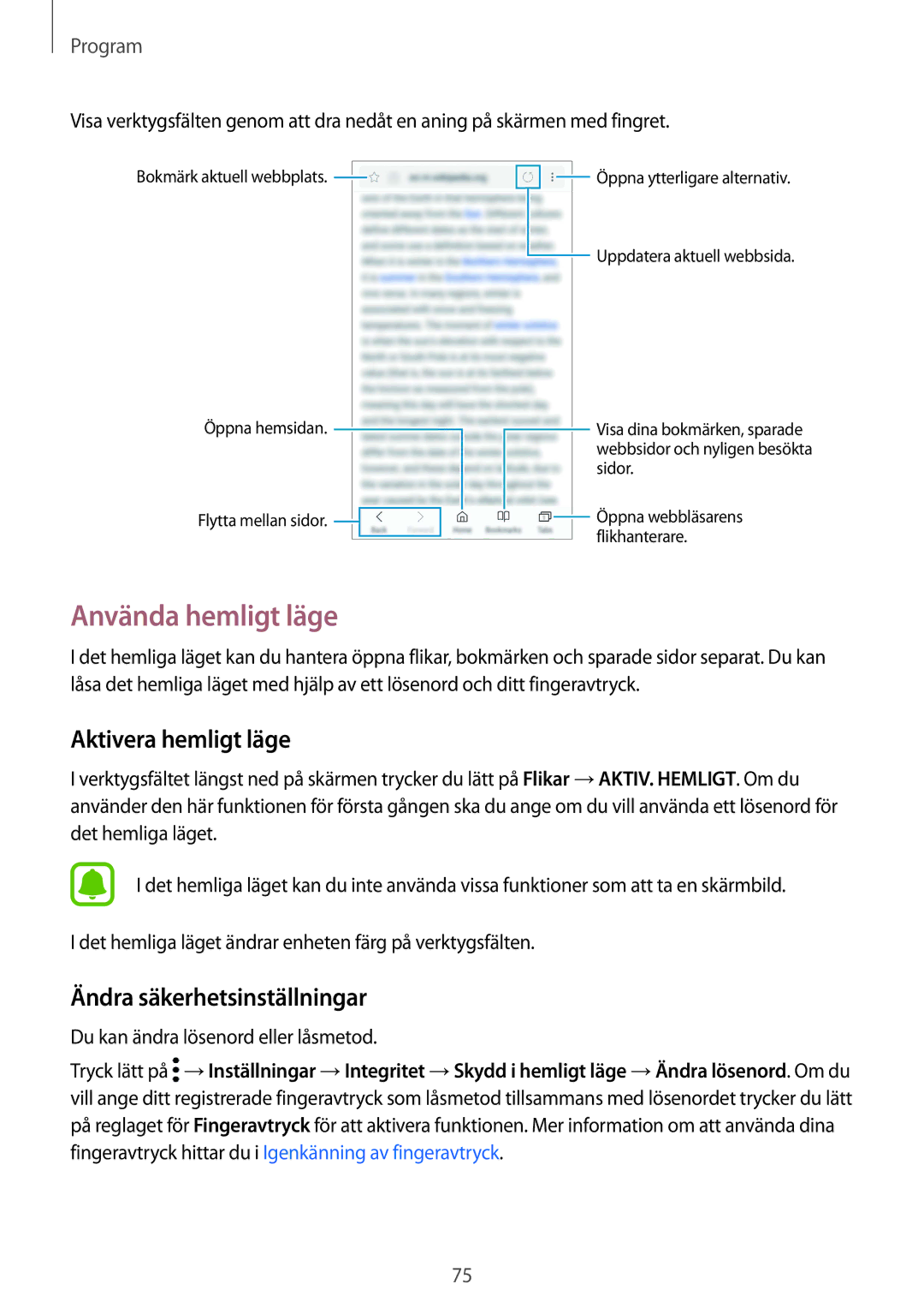 Samsung SM-G930FEDANEE, SM-G930FZWANEE manual Använda hemligt läge, Aktivera hemligt läge, Ändra säkerhetsinställningar 