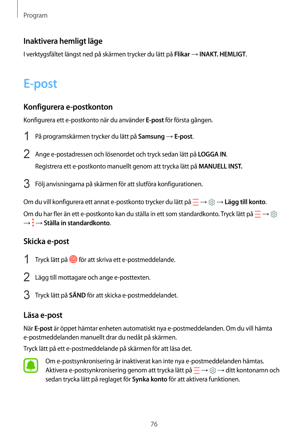 Samsung SM-G930FZWANEE, SM-G930FEDANEE Post, Inaktivera hemligt läge, Konfigurera e-postkonton, Skicka e-post, Läsa e-post 