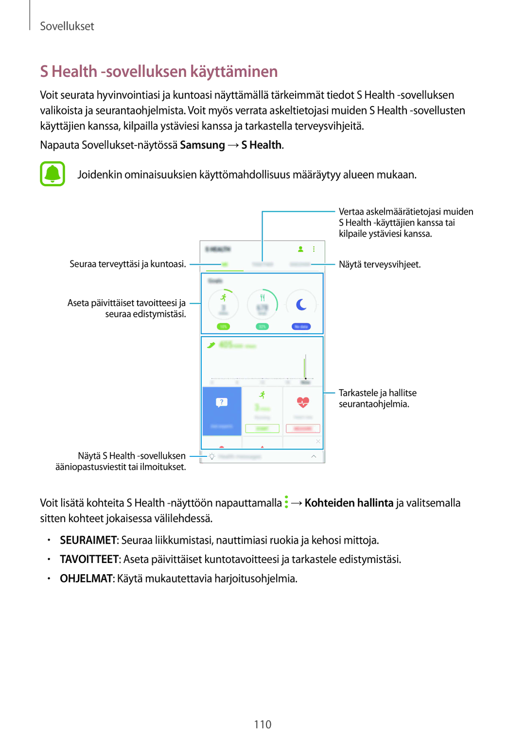 Samsung SM-G930FEDANEE, SM-G930FZWANEE, SM-G930FZSANEE manual Health -sovelluksen käyttäminen, Seuraa terveyttäsi ja kuntoasi 