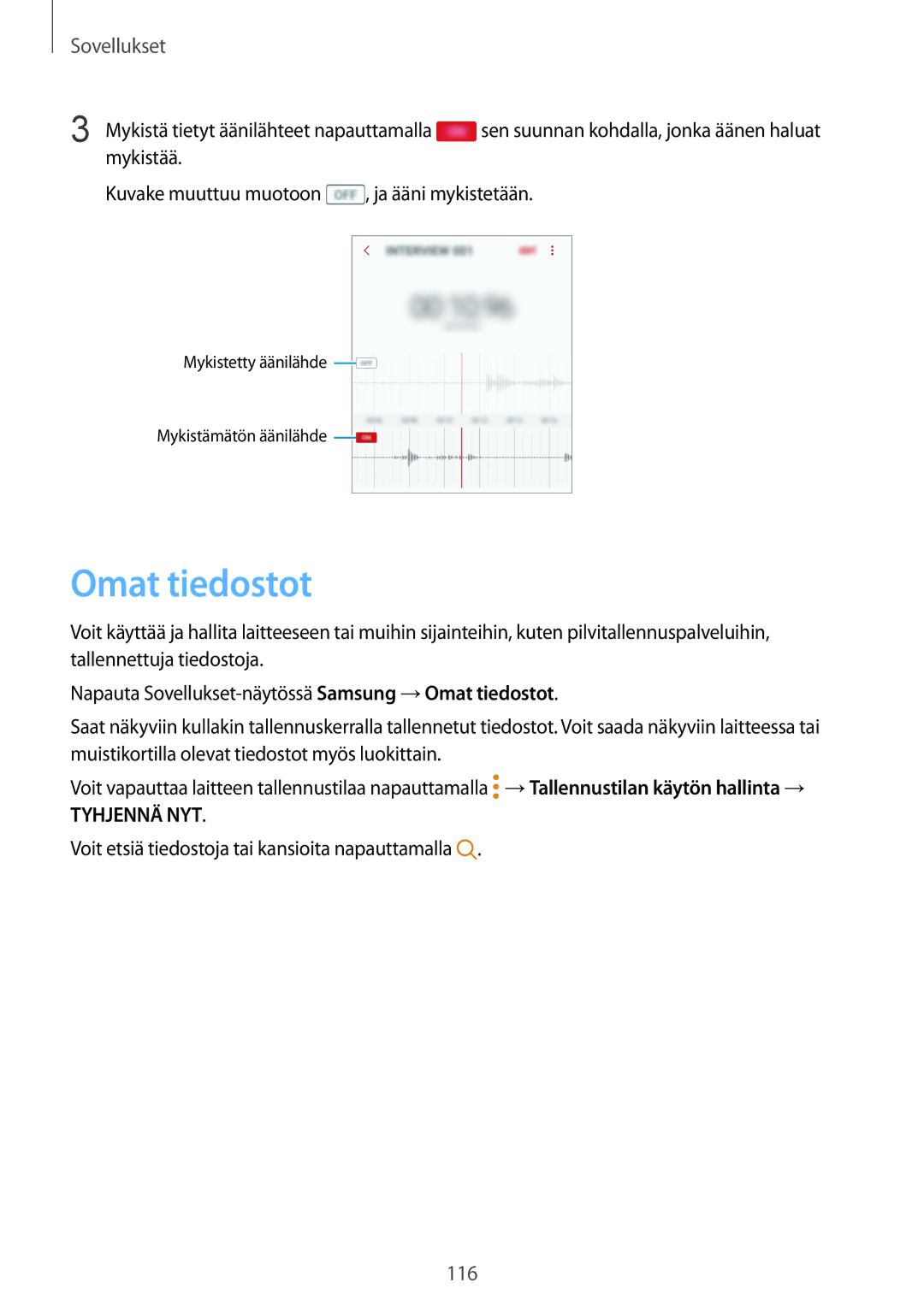 Samsung SM-G930FZWANEE, SM-G930FEDANEE, SM-G930FZSANEE manual Omat tiedostot, Mykistä tietyt äänilähteet napauttamalla 