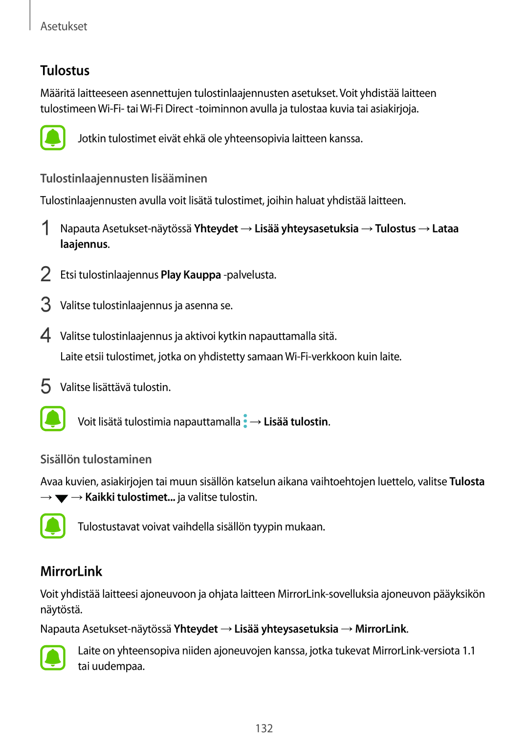 Samsung SM-G930FZSANEE, SM-G930FEDANEE manual Tulostus, MirrorLink, Tulostinlaajennusten lisääminen, Sisällön tulostaminen 