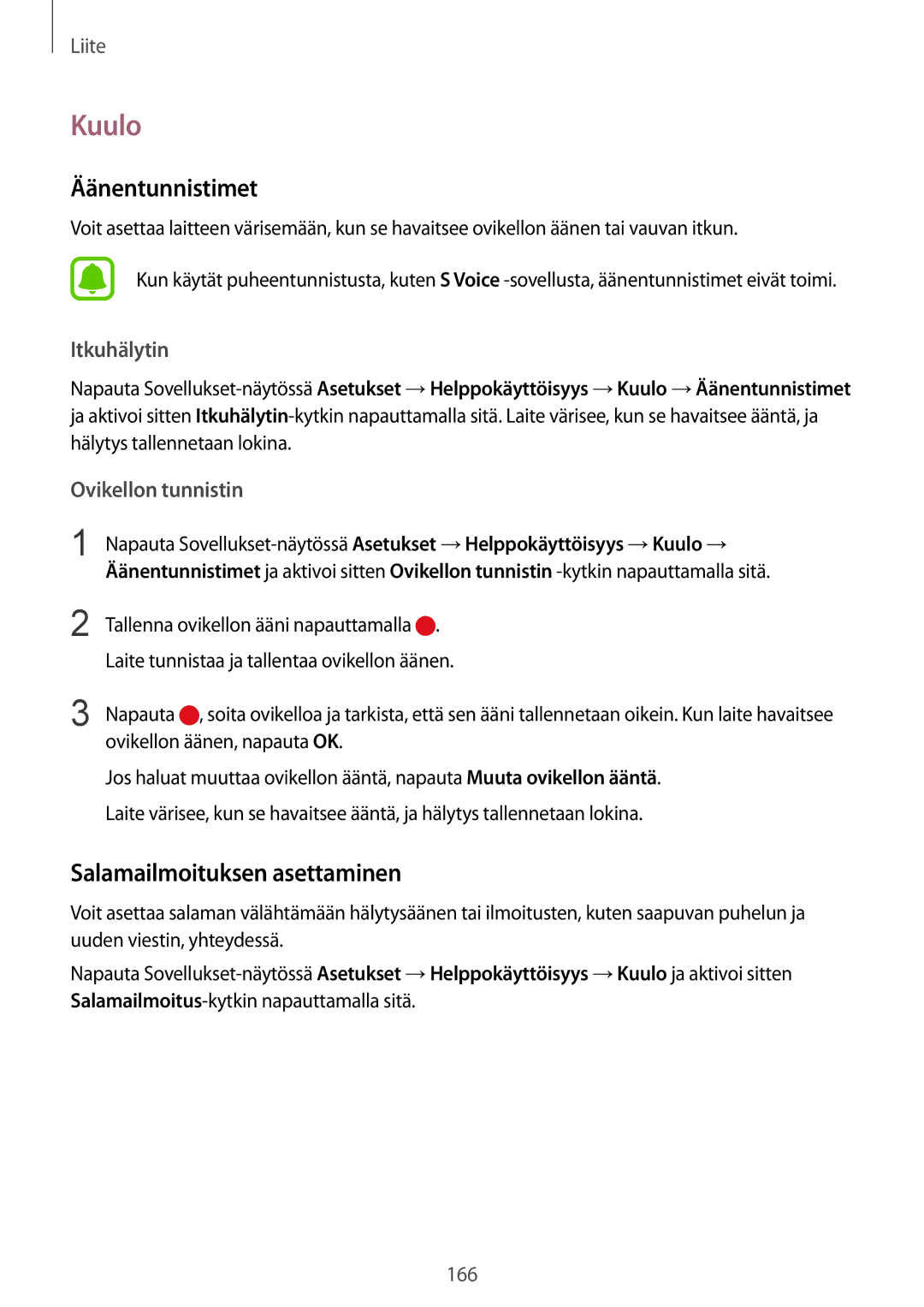 Samsung SM-G930FZWANEE manual Kuulo, Äänentunnistimet, Salamailmoituksen asettaminen, Itkuhälytin, Ovikellon tunnistin 